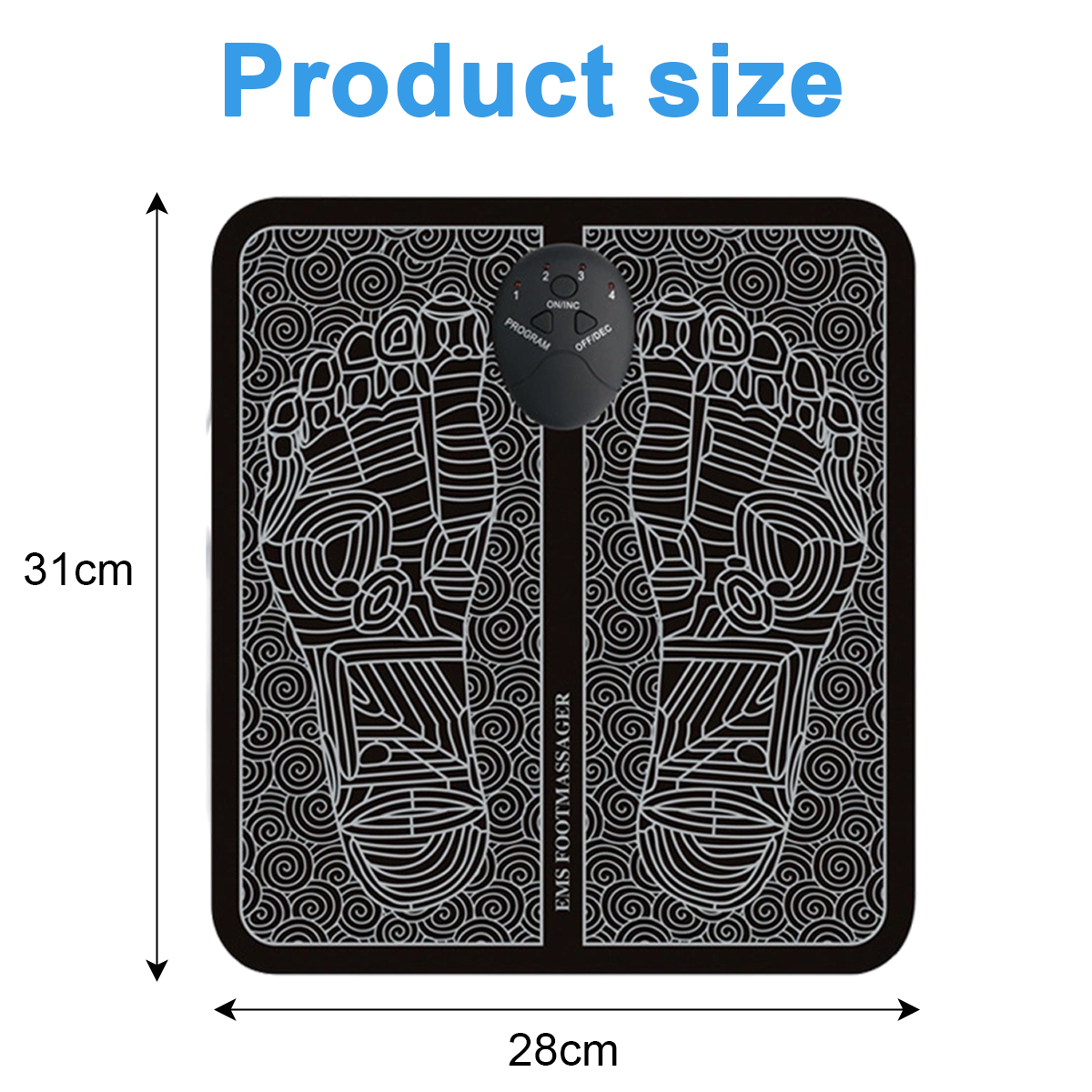 Ein schwarzes Fußmassagegerät mit weißen Linien. Es hat ein Bedienfeld und die Maße 31 cm x 28 cm. Der Text darauf lautet EMS FOOT MASSAGER.