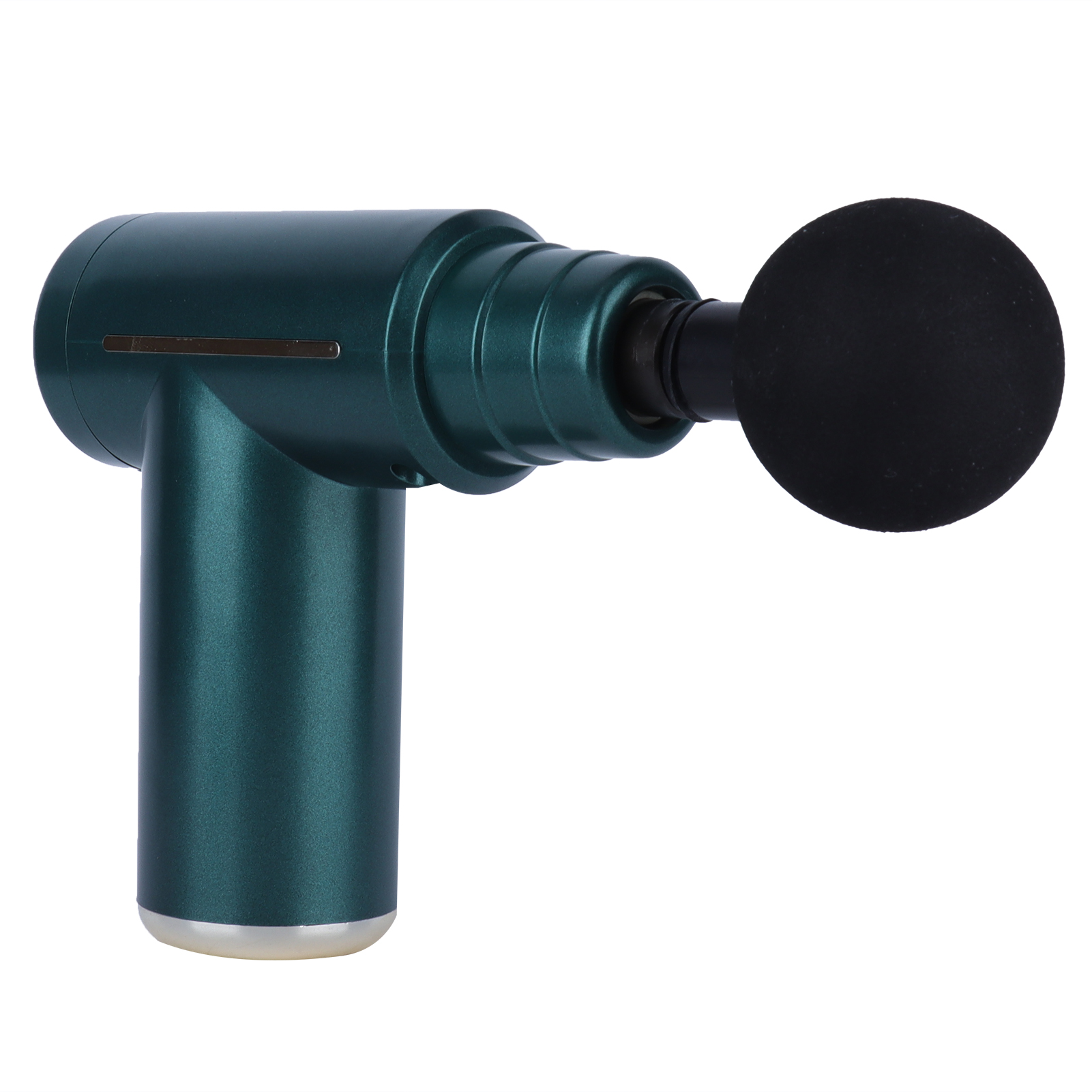 Eine türkisfarbene Massagepistole auf weißem Hintergrund. Sie hat einen runden Kopf und ein T-förmiges Design.
