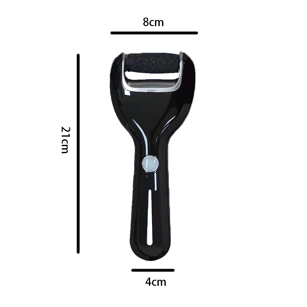 Ein schwarzes Fußpflegegerät mit Rolle und Griff. Maße: 21 cm lang, 8 cm breit, 4 cm dick.