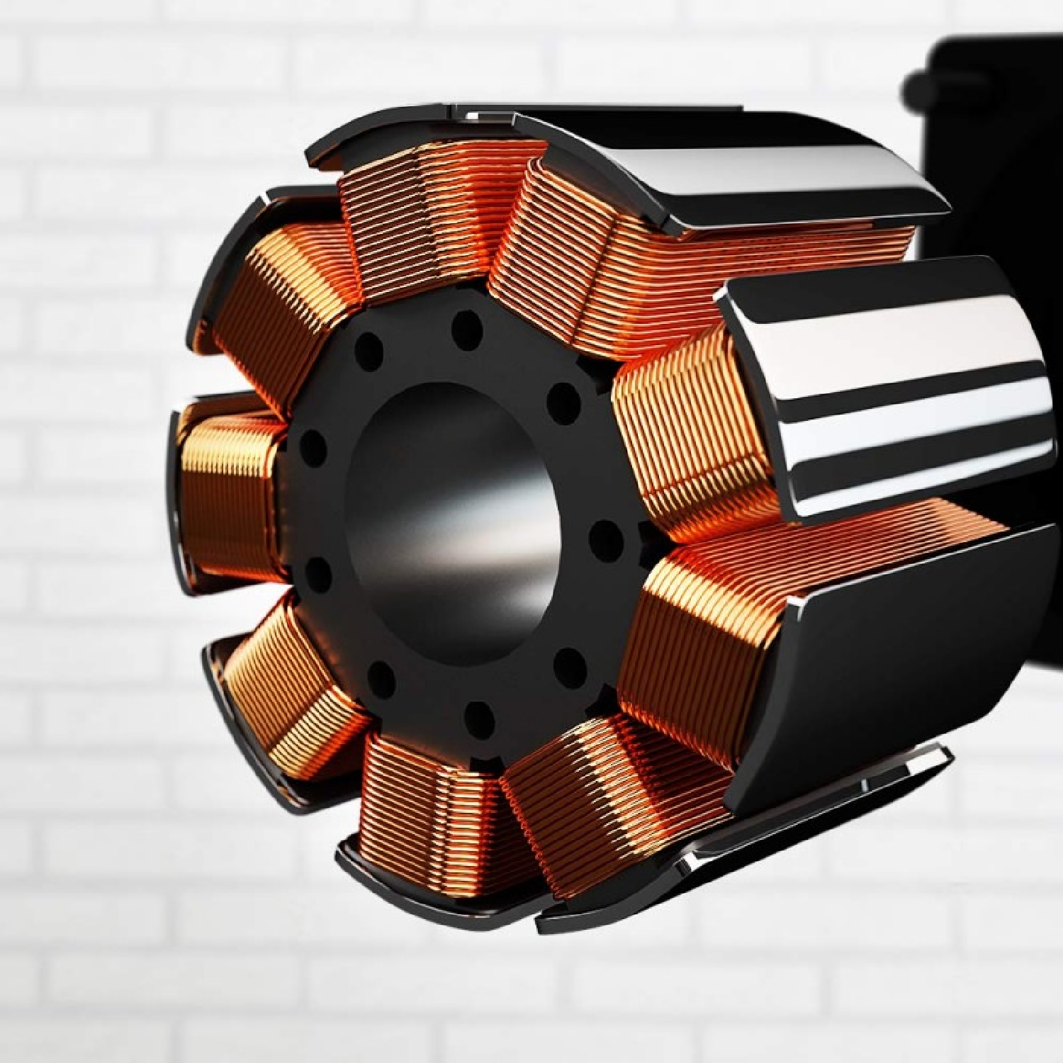 Zbliżenie elementu silnika. Ma miedziane cewki i czarną ramę. Tło to biała ceglana ściana.