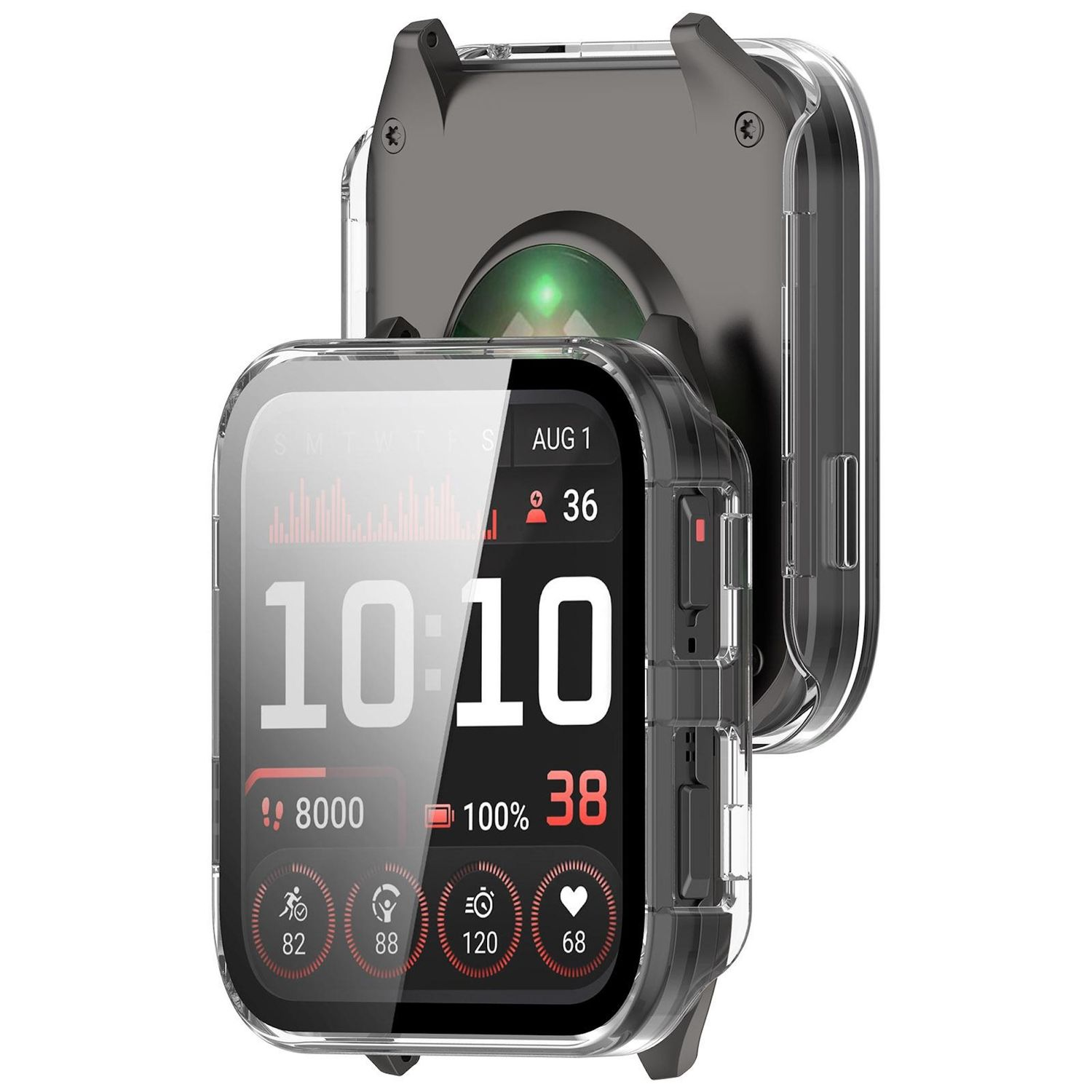 Uno smartwatch mostra 10:10, 8000 passi, 100% di batteria e altre metriche di salute. È racchiuso in una custodia protettiva trasparente.