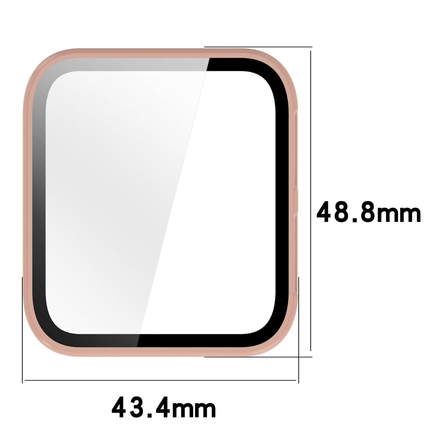 Un proteggi schermo quadrato con angoli arrotondati. Dimensioni: 43,4 mm x 48,8 mm. Il proteggi schermo è oro rosa con bordo nero.