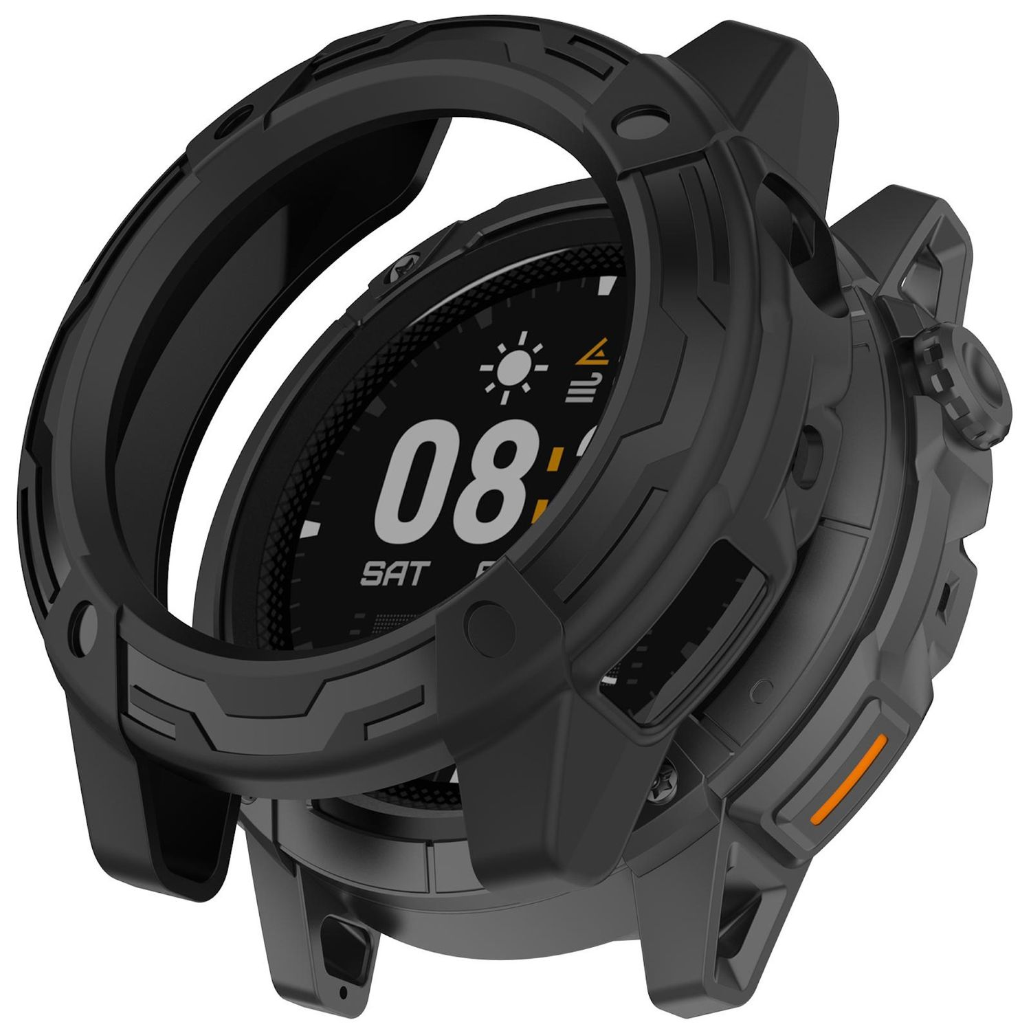 Uno smartwatch nero con custodia protettiva. L'orologio mostra l'ora 08:00. La custodia ha un design robusto con dettagli arancioni.