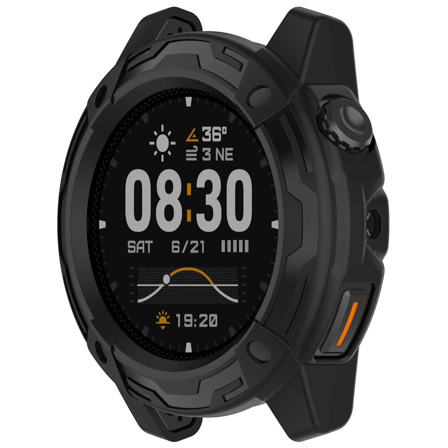 Smartwatch nero mostra l'ora 08:30, meteo, data. Cassa nera con accento arancione. Pulsante laterale.