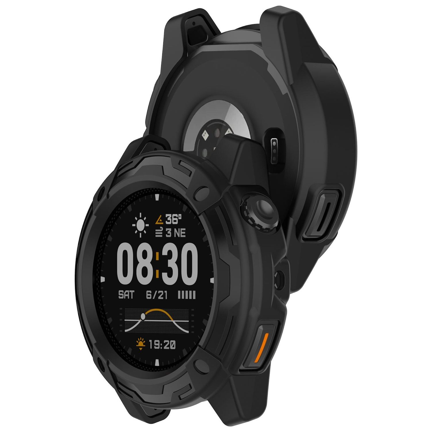 Smartwatch nero con custodia protettiva. L'orologio mostra l'ora 08:30, data 6/21. La custodia ha un pulsante arancione.
