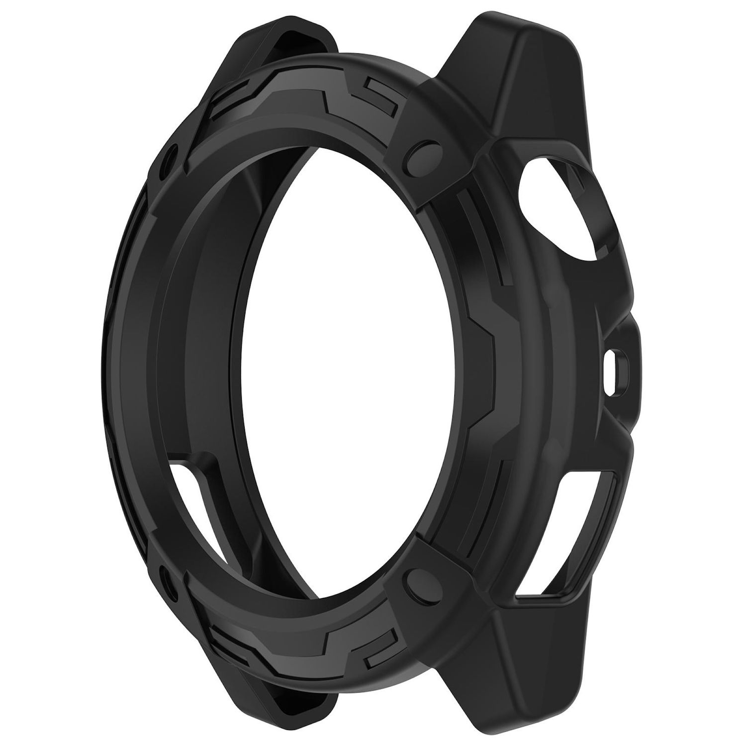 Viene mostrata una cassa per orologio nera con un centro aperto. Ha un design robusto e geometrico. È isolato su sfondo bianco.