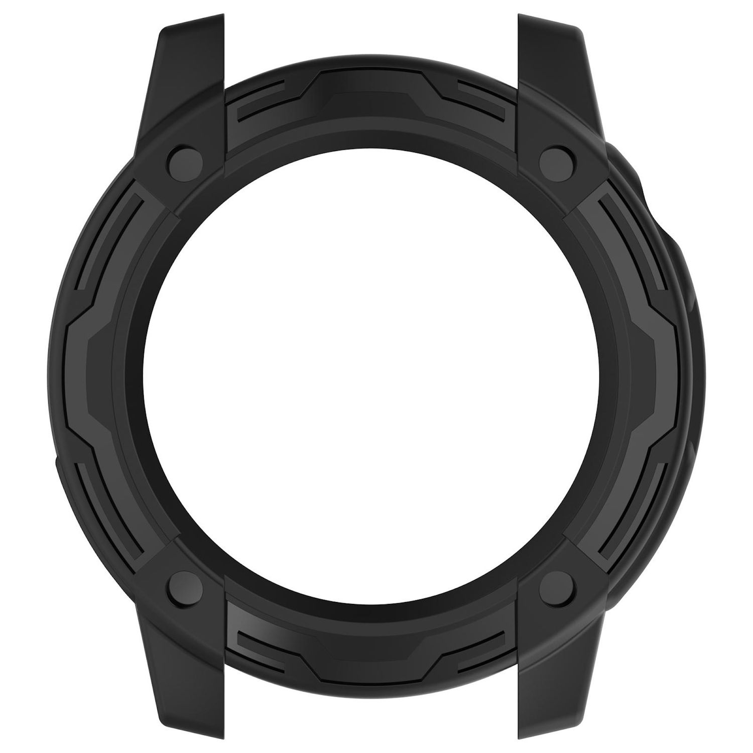 Cornice nera dell'orologio con design circolare e apertura centrale. Presenta motivi geometrici e dettagli a bottone.