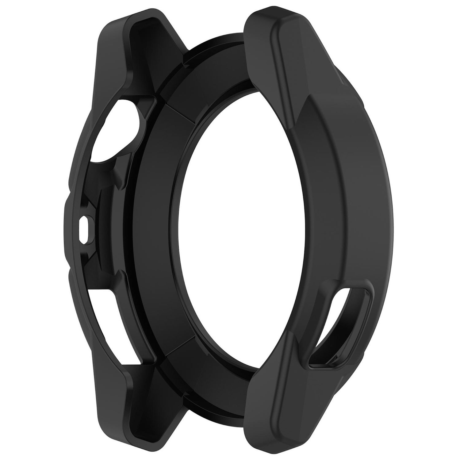 Cassa dell'orologio nera. Ha delle aperture per lo schermo e i pulsanti. La cassa ha una forma arrotondata con bordi protettivi.