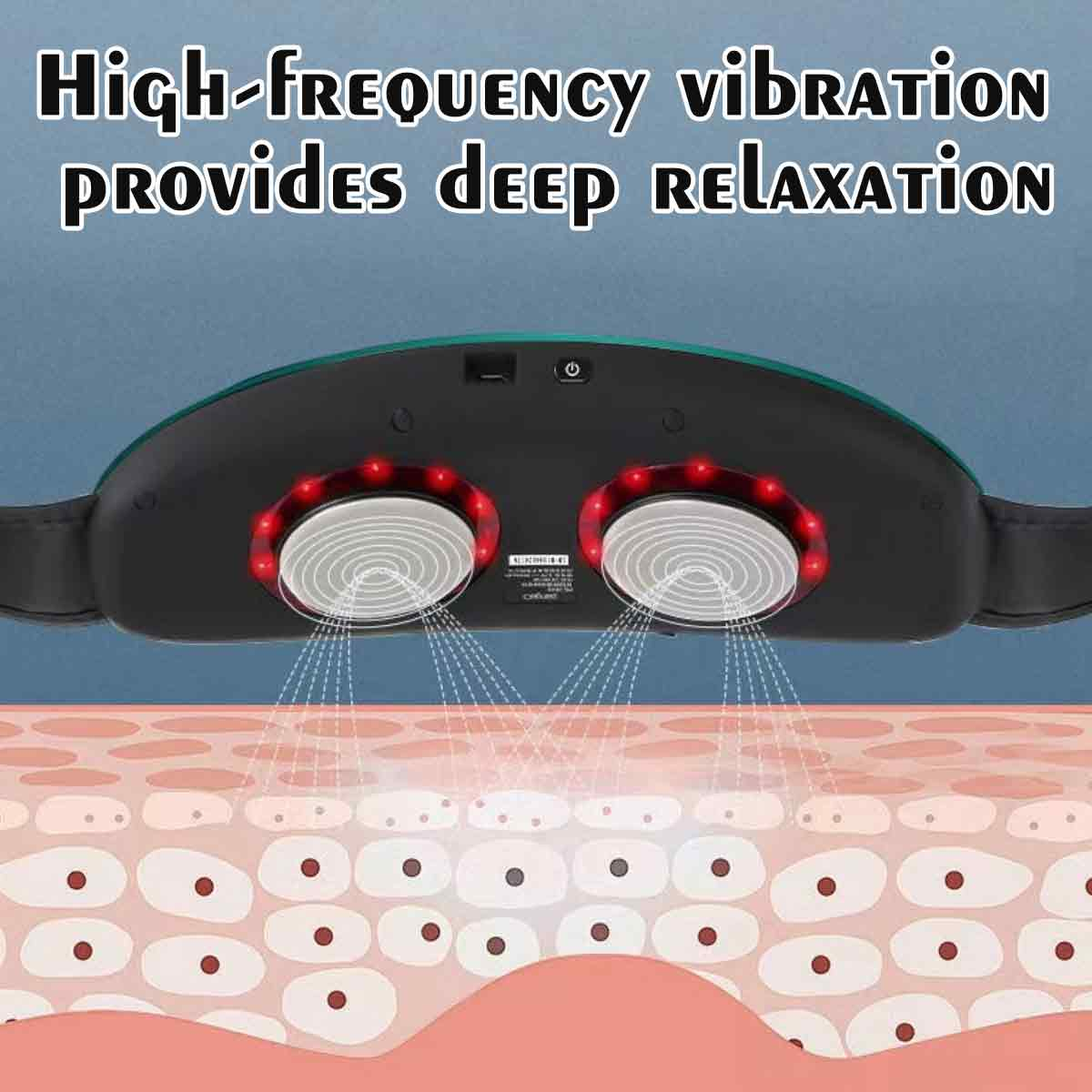 Ein Massagegerät mit roten Lichtern zielt auf Hautzellen ab. Der Text lautet 'Hochfrequente Vibration bietet tiefe Entspannung'.