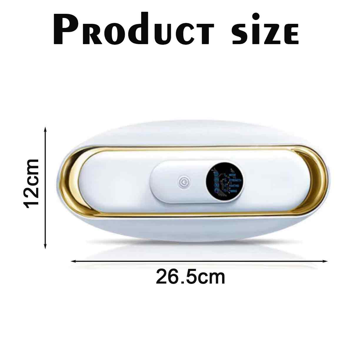 Ein weißes Produkt mit Goldbesatz, ein Display und Größenangaben: 12 cm Höhe und 26,5 cm Breite. Text lautet 'Produktgröße'.