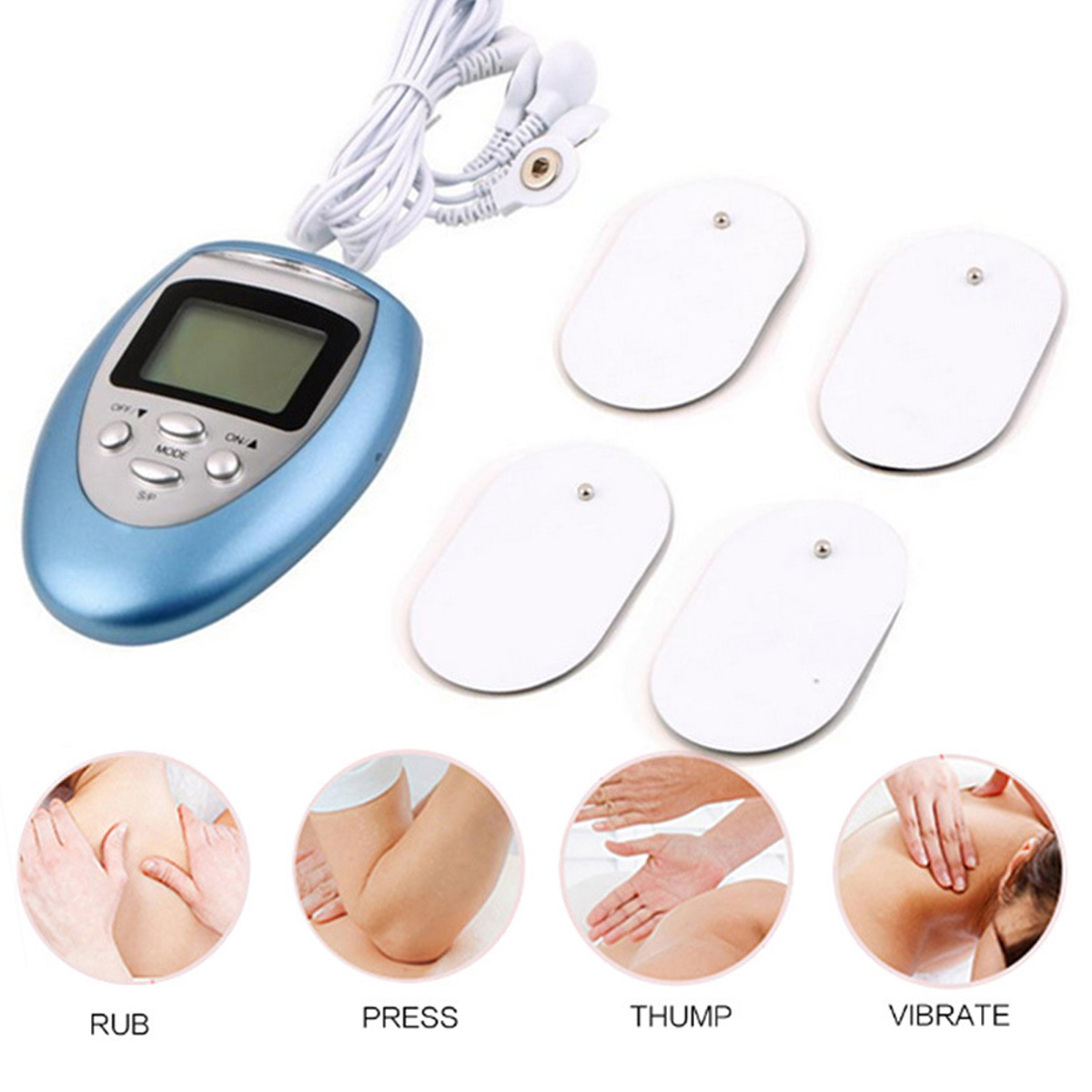 Ein blaues TENS-Gerät mit Pads und Diagrammen, die Massagetechniken veranschaulichen: reiben, drücken, klopfen und vibrieren.