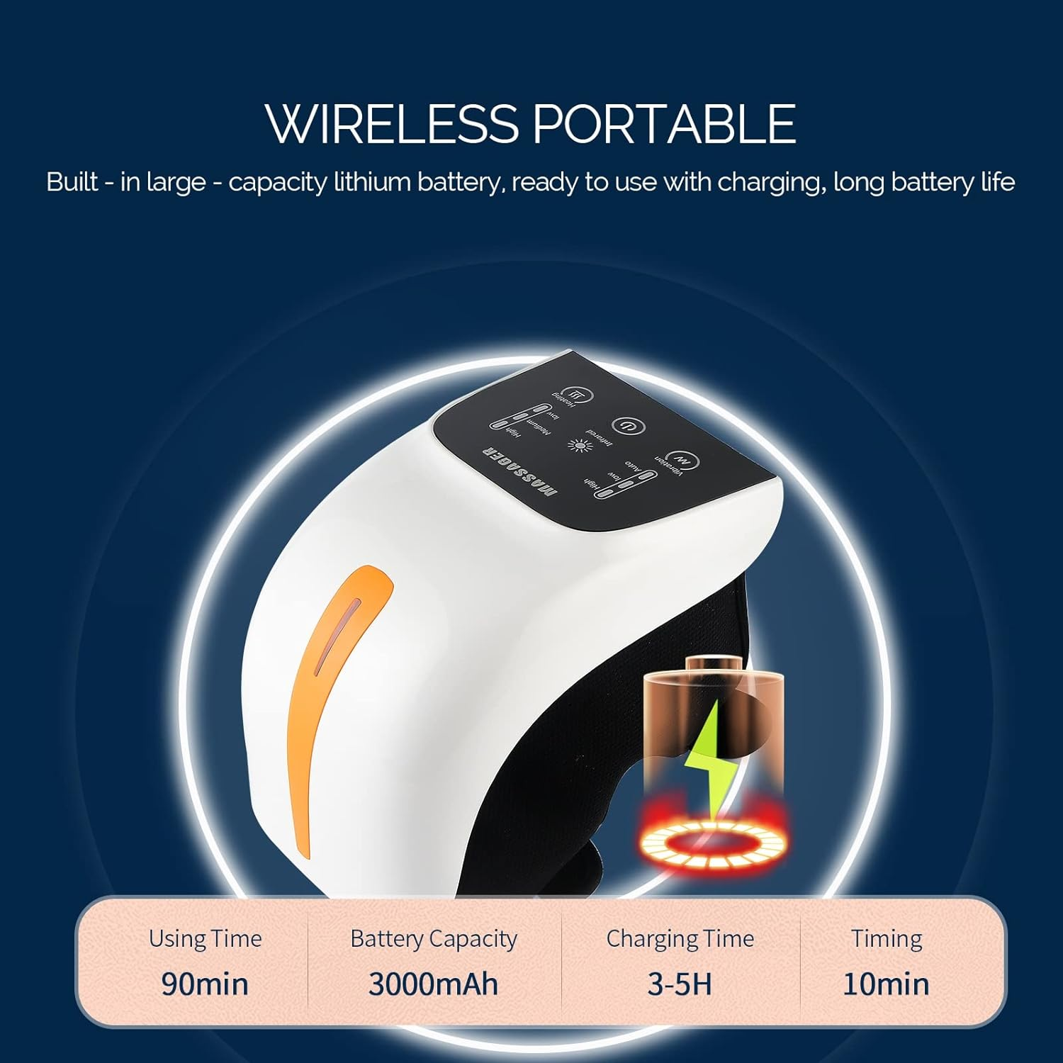 Ein weißes und schwarzes Massagegerät mit orangefarbenen Akzenten. Informationen zu Batterie, Aufladen und Timing werden angezeigt. Das Produkt ist kabellos und tragbar.