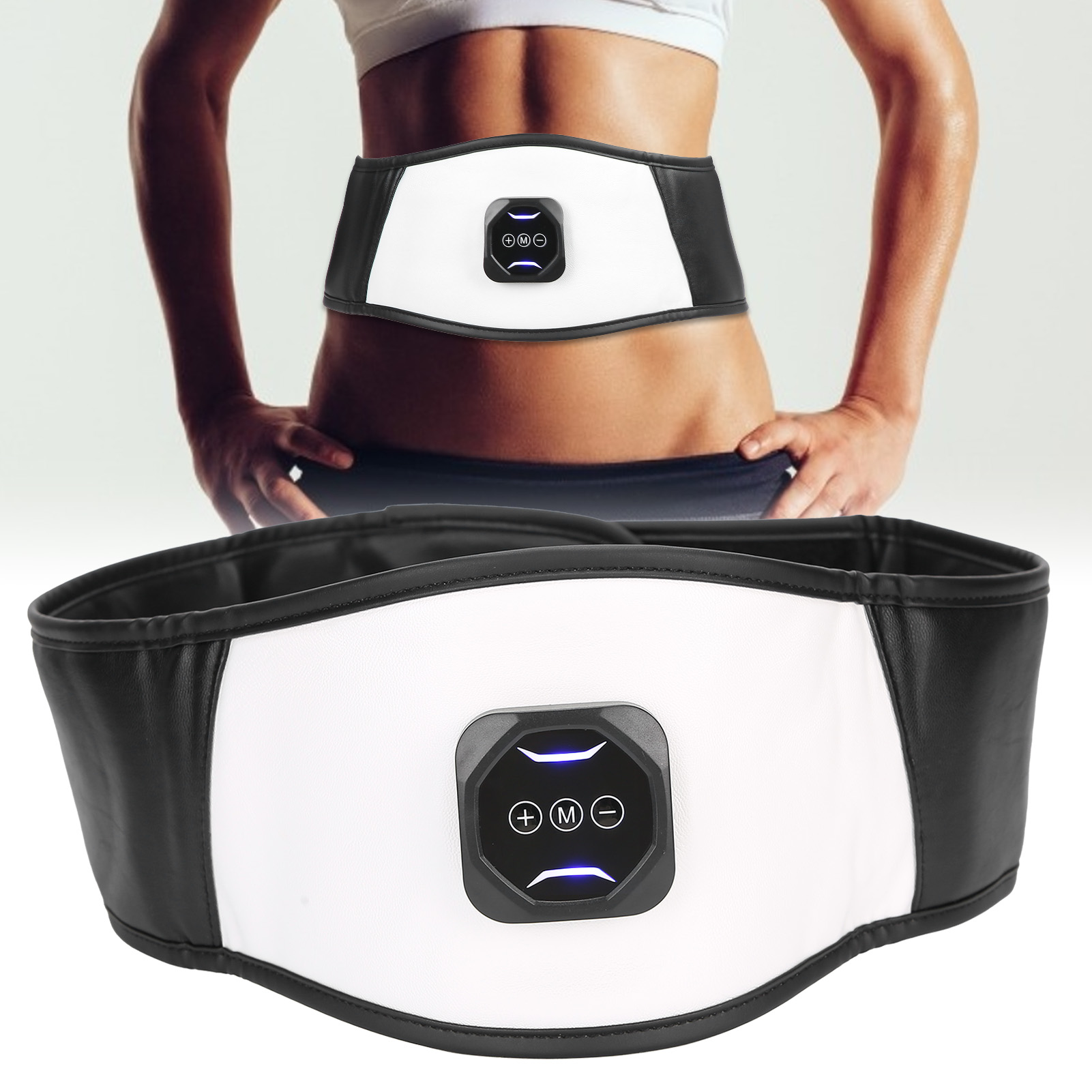 Eine Frau trägt einen Bauchmuskel-Stimulationsgürtel. Er ist weiß mit schwarzem Besatz und hat Bedienelemente.