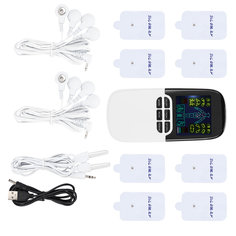 Ein weißes EMS-Gerät mit Pads, Drähten und Elektroden. Es verfügt über einen Bildschirm mit einer Körperdarstellung. Verschiedene Kabel und Stecker sind sichtbar.
