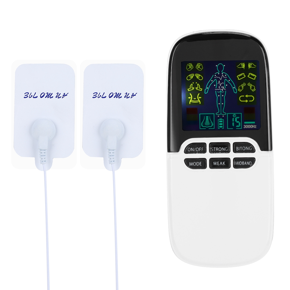 Ein weißes Elektrotherapiegerät mit Pads und einem Bildschirm, der ein Körperdiagramm und Bedienelemente anzeigt.