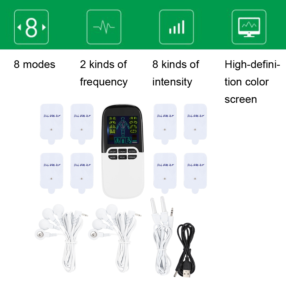 Ein weißes Gerät mit Bildschirm, Pads und Drähten, beschriftet mit Text. Es wirbt mit 8 Modi, 2 Frequenzen und 8 Intensitäten.