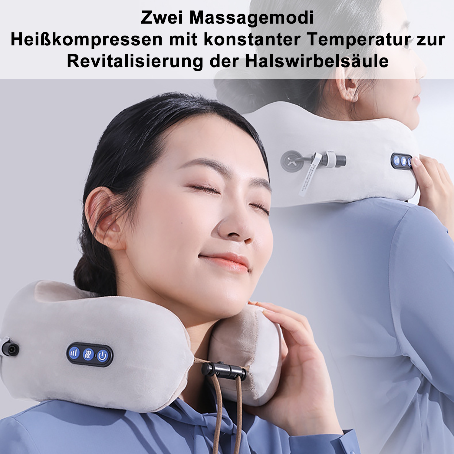 Zwei Frauen tragen Nackenmassagegeräte. Eine ist fokussiert, die andere verschwommen. Die Massagegeräte sind hellgrau.