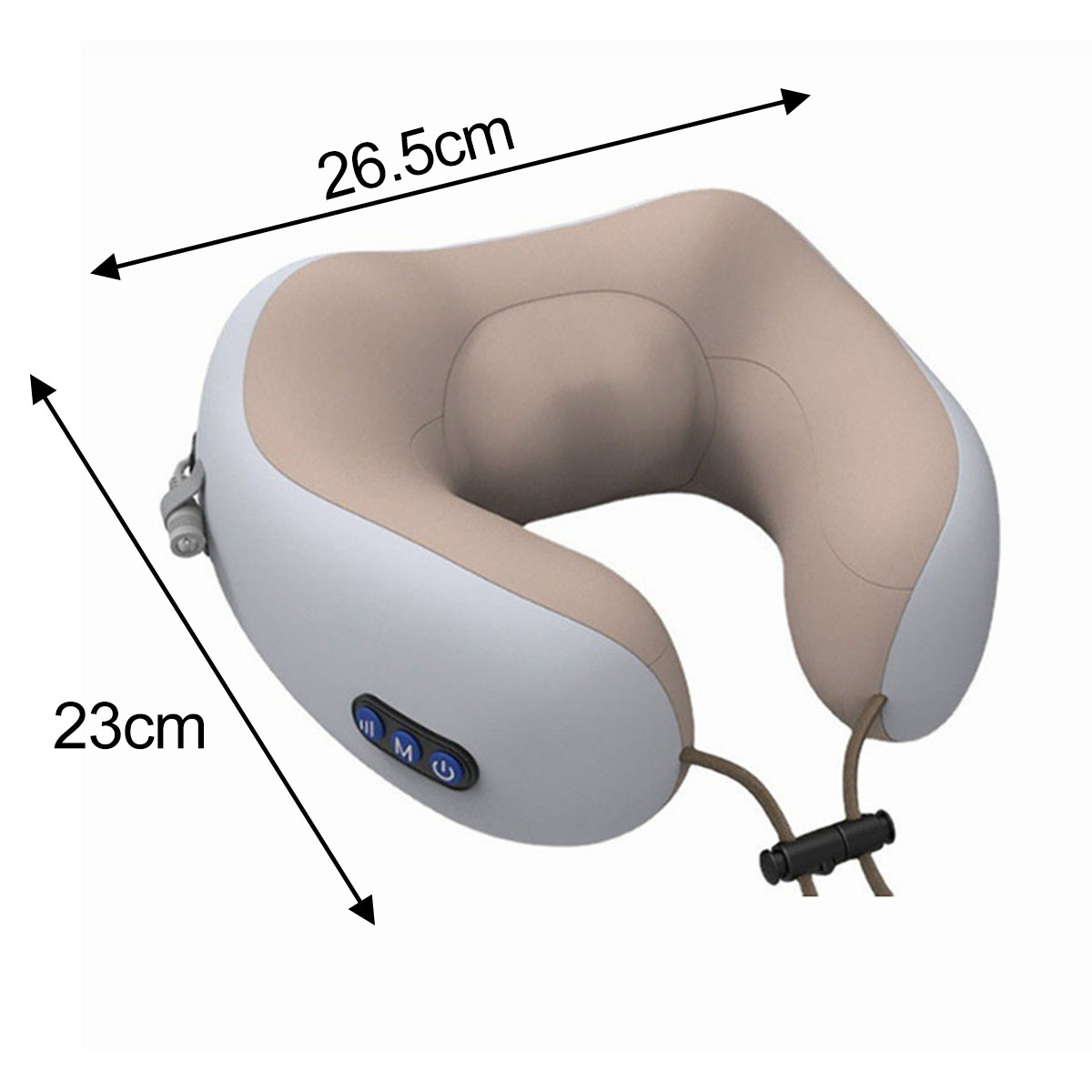 Ein beige-weißes Nackenmassagekissen mit Knöpfen und Maßangaben, 26,5 cm und 23 cm. Enthält ein schwarzes Kabel und einen Stecker.