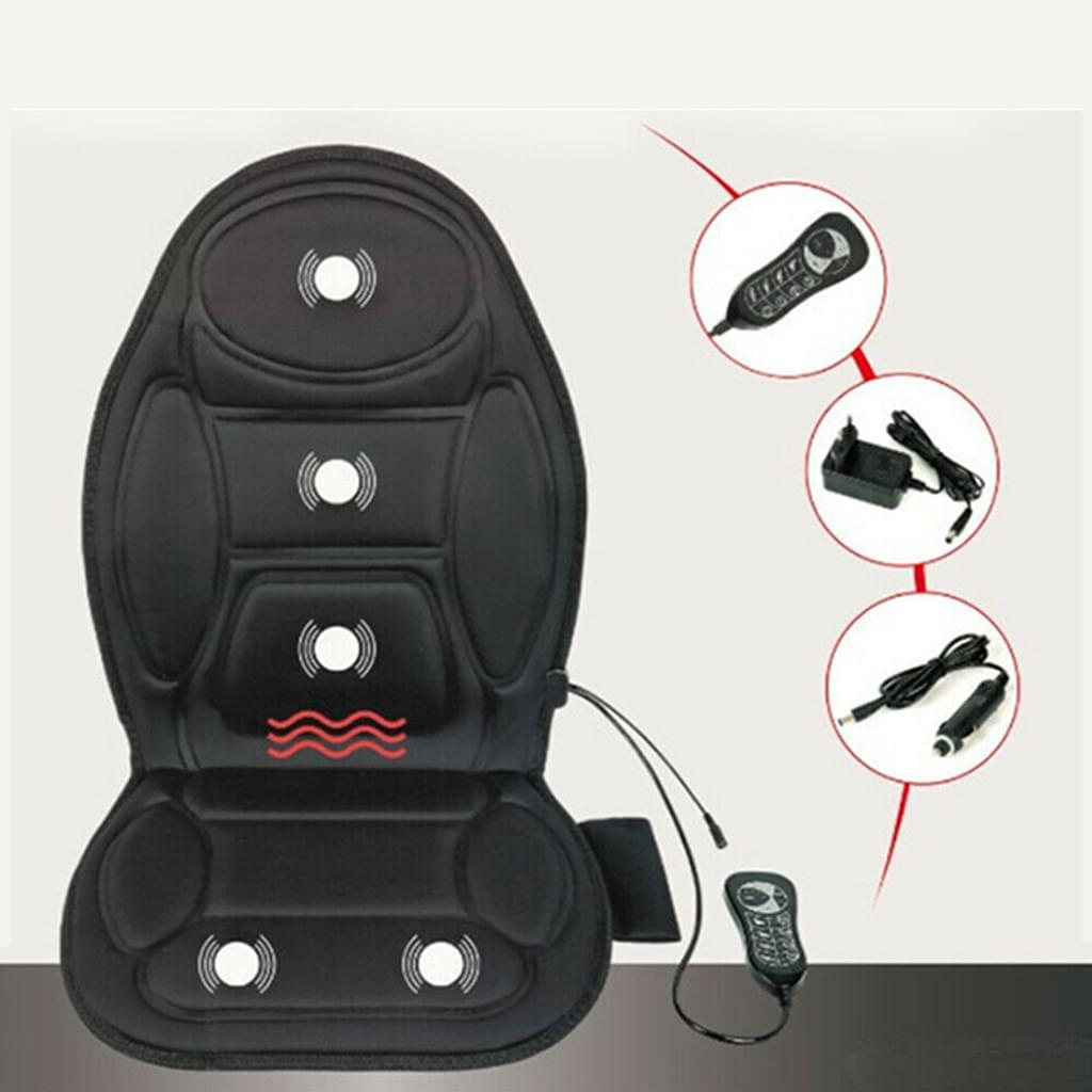 Schwarzer Autositz-Massagegerät mit weißen Kreisen und Fernbedienung. Enthält Netzteil und Autoladegerät. Rotes Wellensymbol für Wärme.