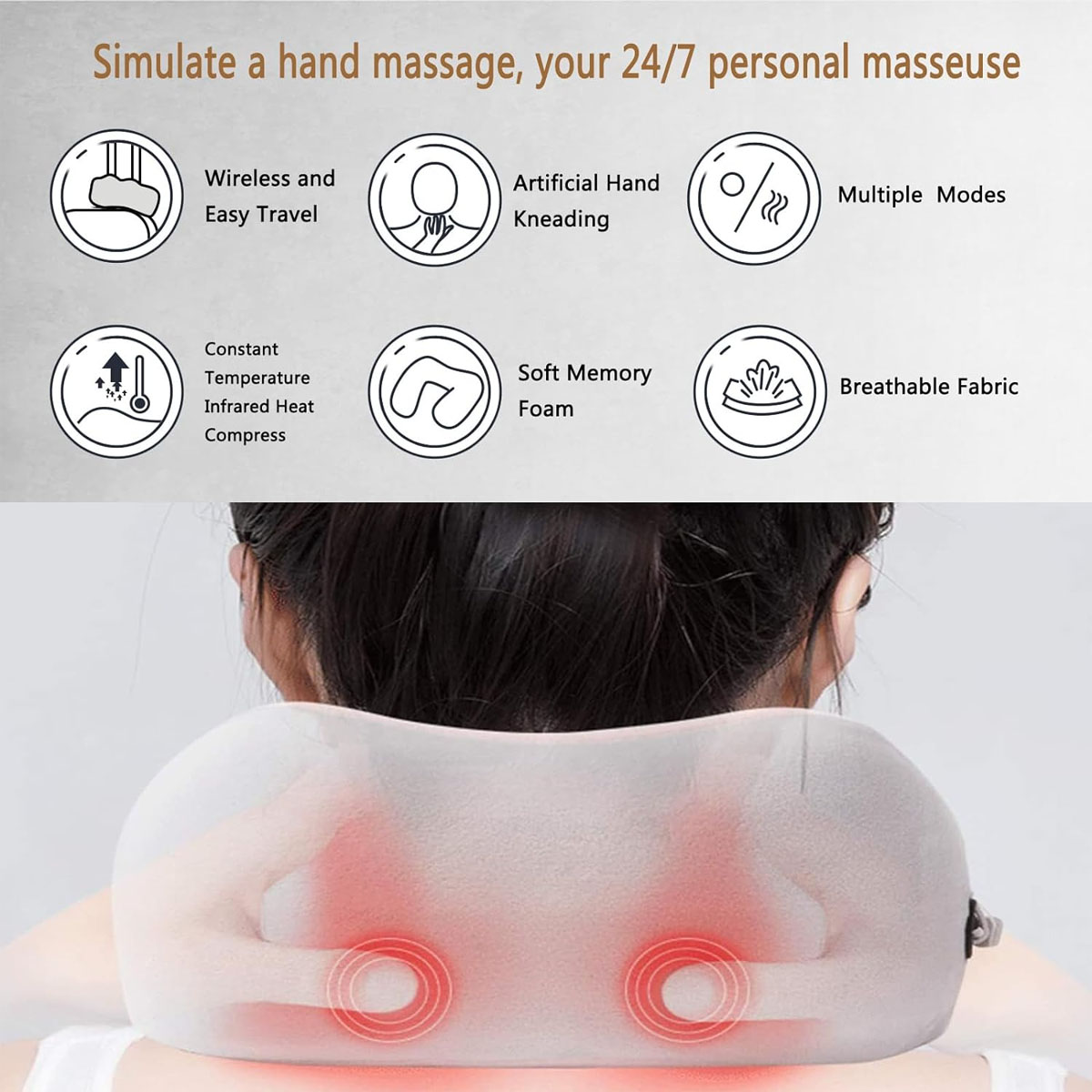 Eine Person trägt ein Massagegerät. Das Gerät ist weiß mit roten Kreisen. Text beschreibt Funktionen.