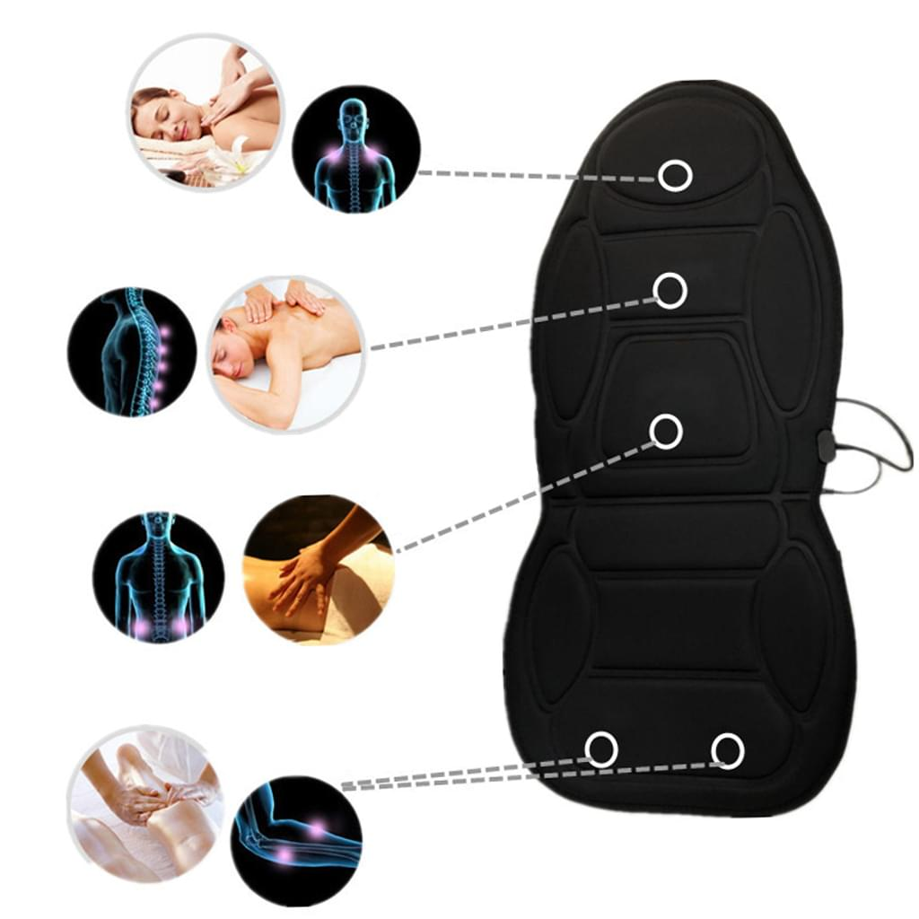 Ein schwarzer Massagesitz mit kreisförmigen Knoten und Diagrammen des menschlichen Körpers. Kleine Bilder zeigen Massagetherapietechniken.