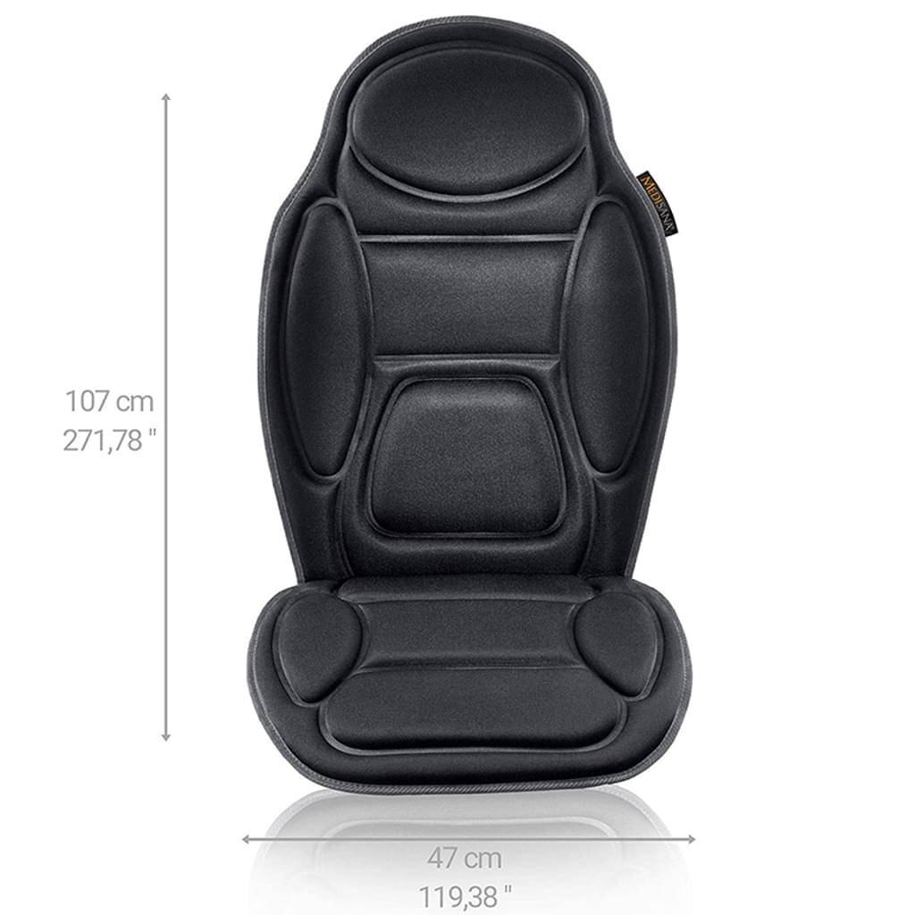 Ein schwarzes Autositzkissen mit angegebenen Abmessungen. Das Kissen hat eine Kopfstütze, eine Rückenlehne und einen Sitzbereich.