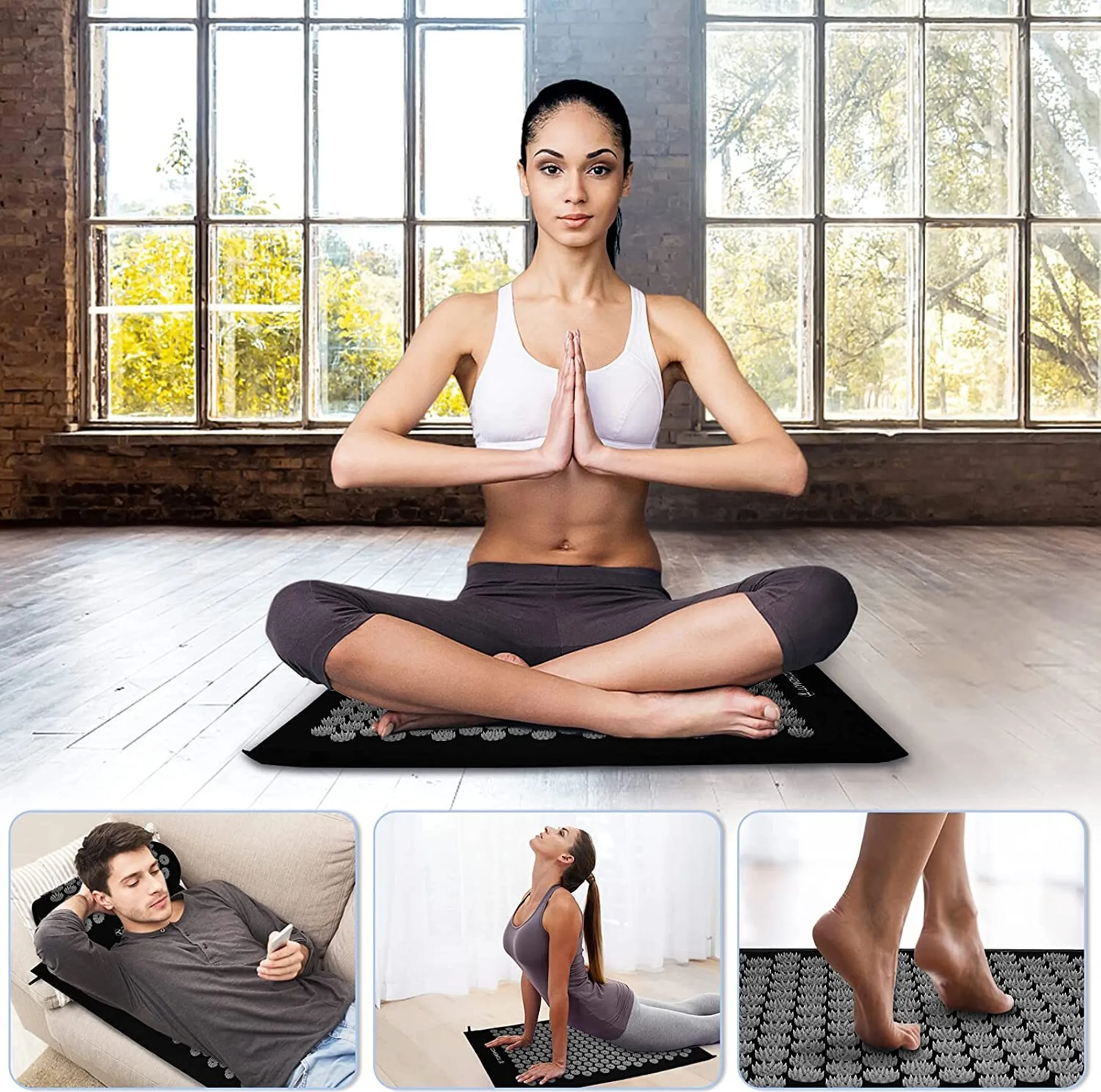 Frau in Yoga-Pose auf einer schwarzen Matte. Drei kleinere Bilder zeigen Menschen, die die Matte unterschiedlich nutzen.