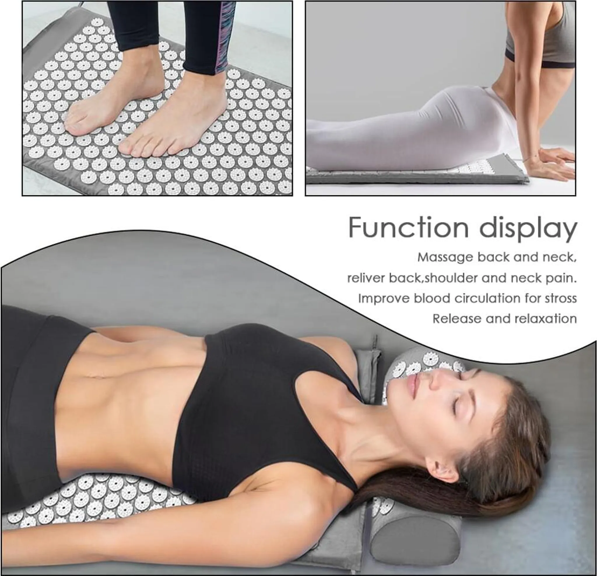 Das Bild zeigt eine Frau auf einer Massagematte. Es zeigt auch Füße und eine Frau in derselben Position. Der Text erwähnt seine Funktion.