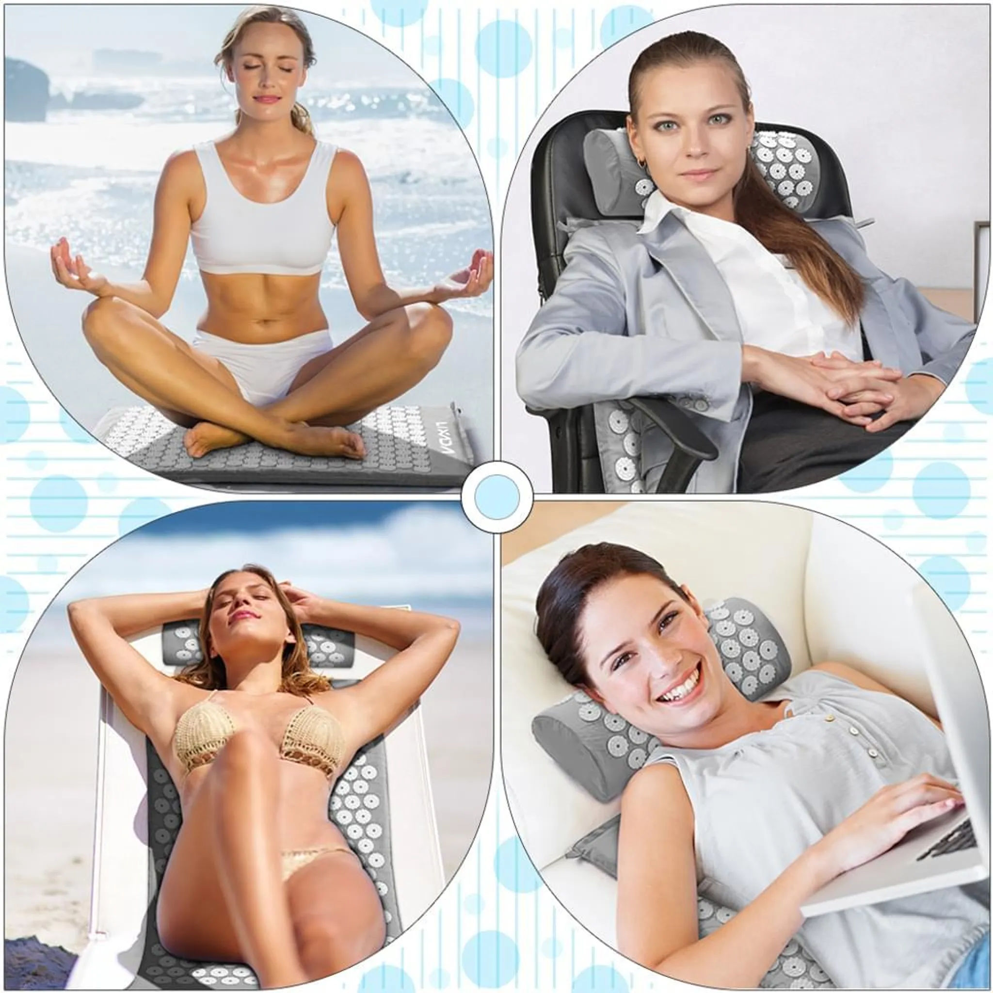 Vier Frauen benutzen Massagematten. Eine meditiert, eine sitzt im Bürostuhl, eine sonnt sich, und eine benutzt einen Laptop.