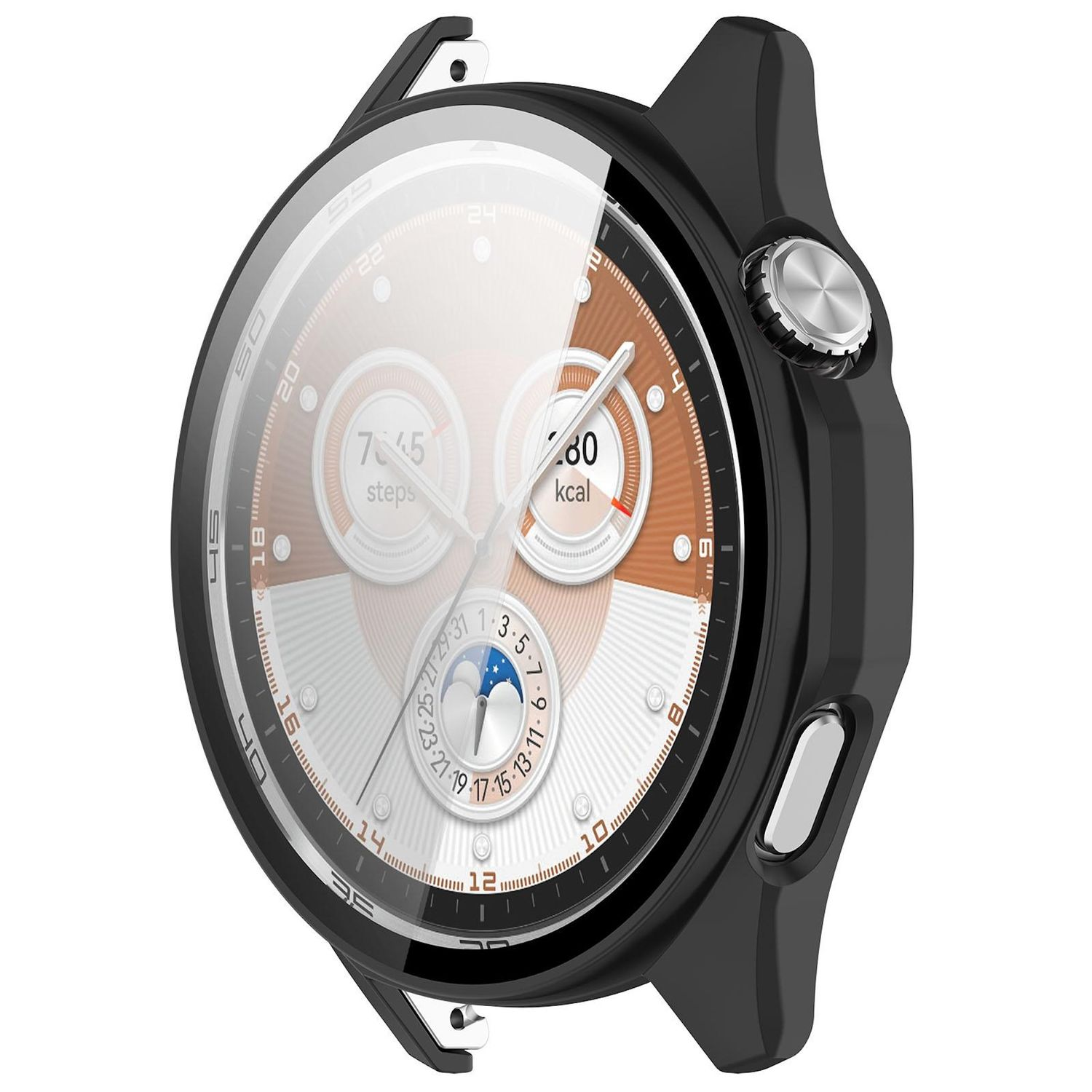Nahaufnahme einer Smartwatch mit schwarzem Gehäuse und digitaler Anzeige von Schritten und Kalorien. Sie hat silberne Knöpfe.