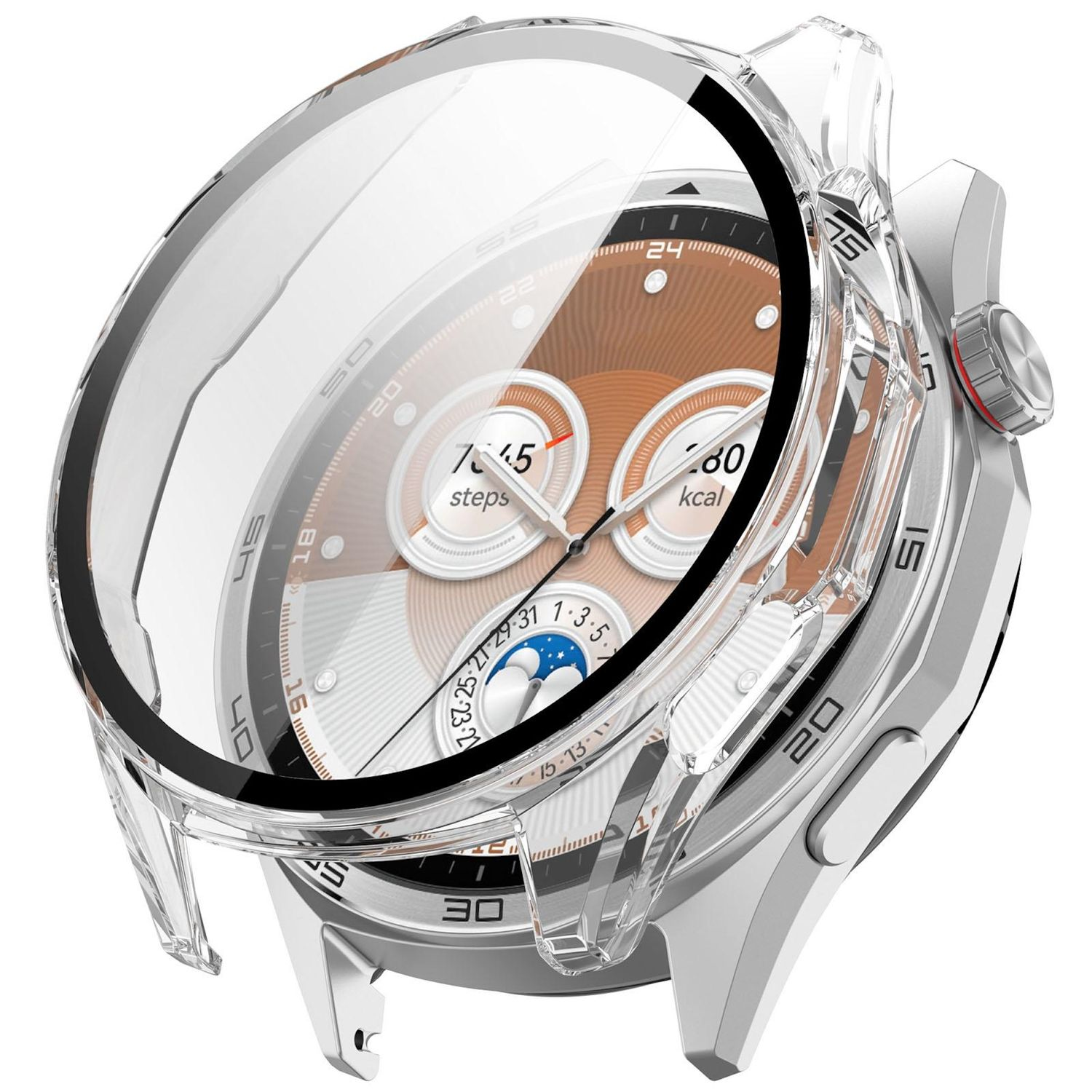 Eine Smartwatch mit klarer Schutzhülle. Das Zifferblatt zeigt Schritte und kcal. Die Uhr ist silberfarben mit rotem Detail.