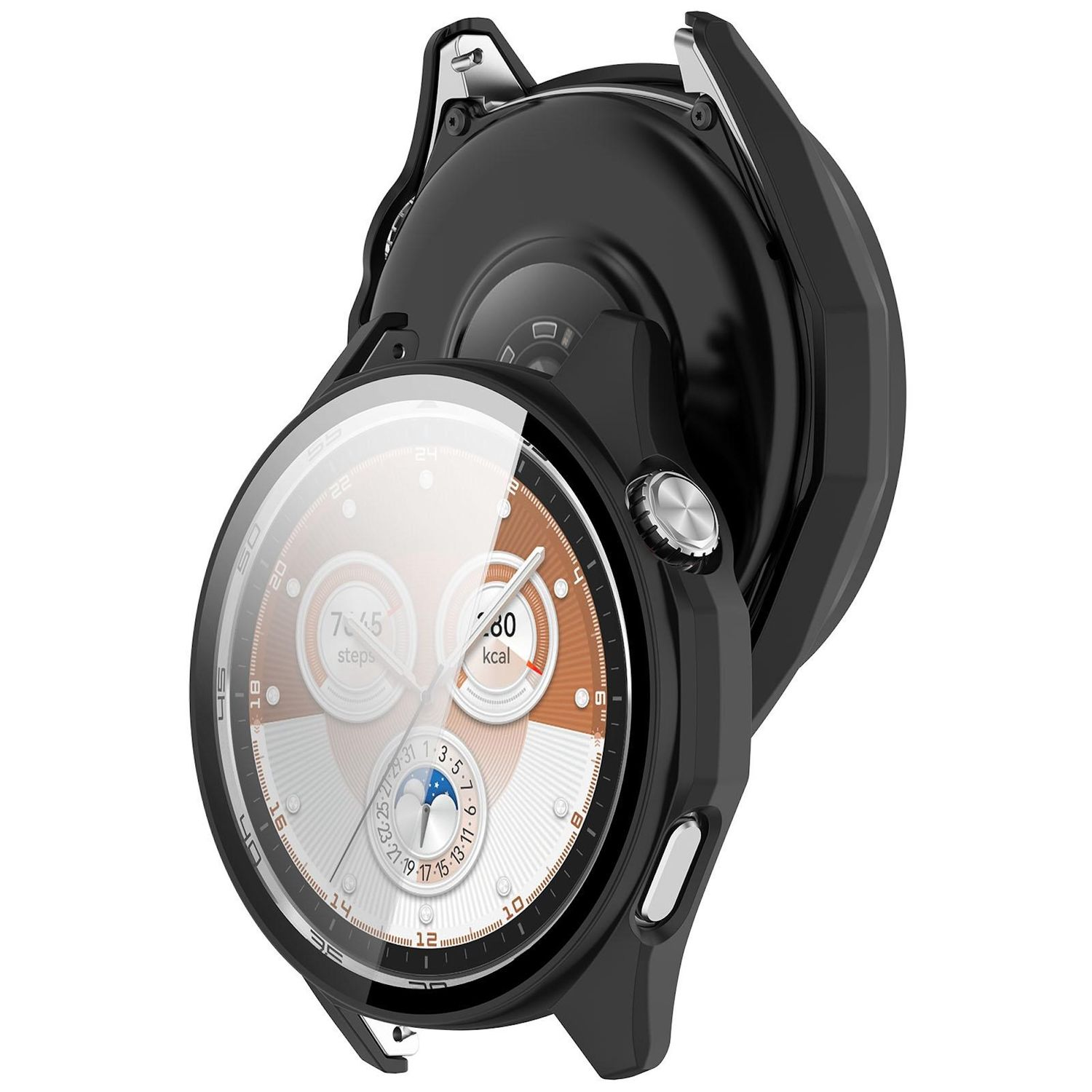Schwarze Smartwatch mit rundem Zifferblatt, das Zeit, Schritte und Kalorien anzeigt. Die Uhr hat silberne und braune Akzente.