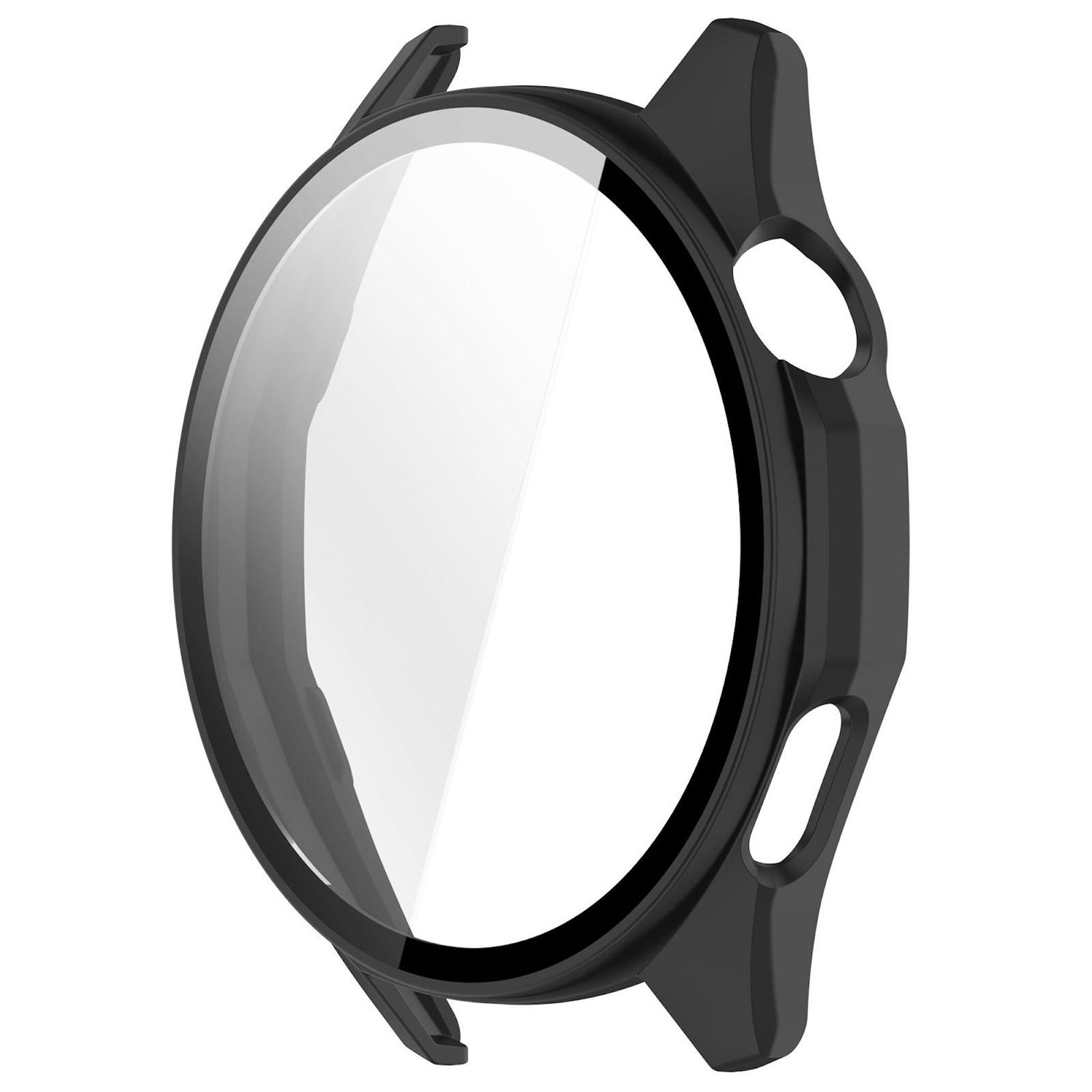 Eine schwarze Smartwatch-Hülle mit transparentem Displayschutz. Es hat zwei Knöpfe und ein Loch für die Sensoren.
