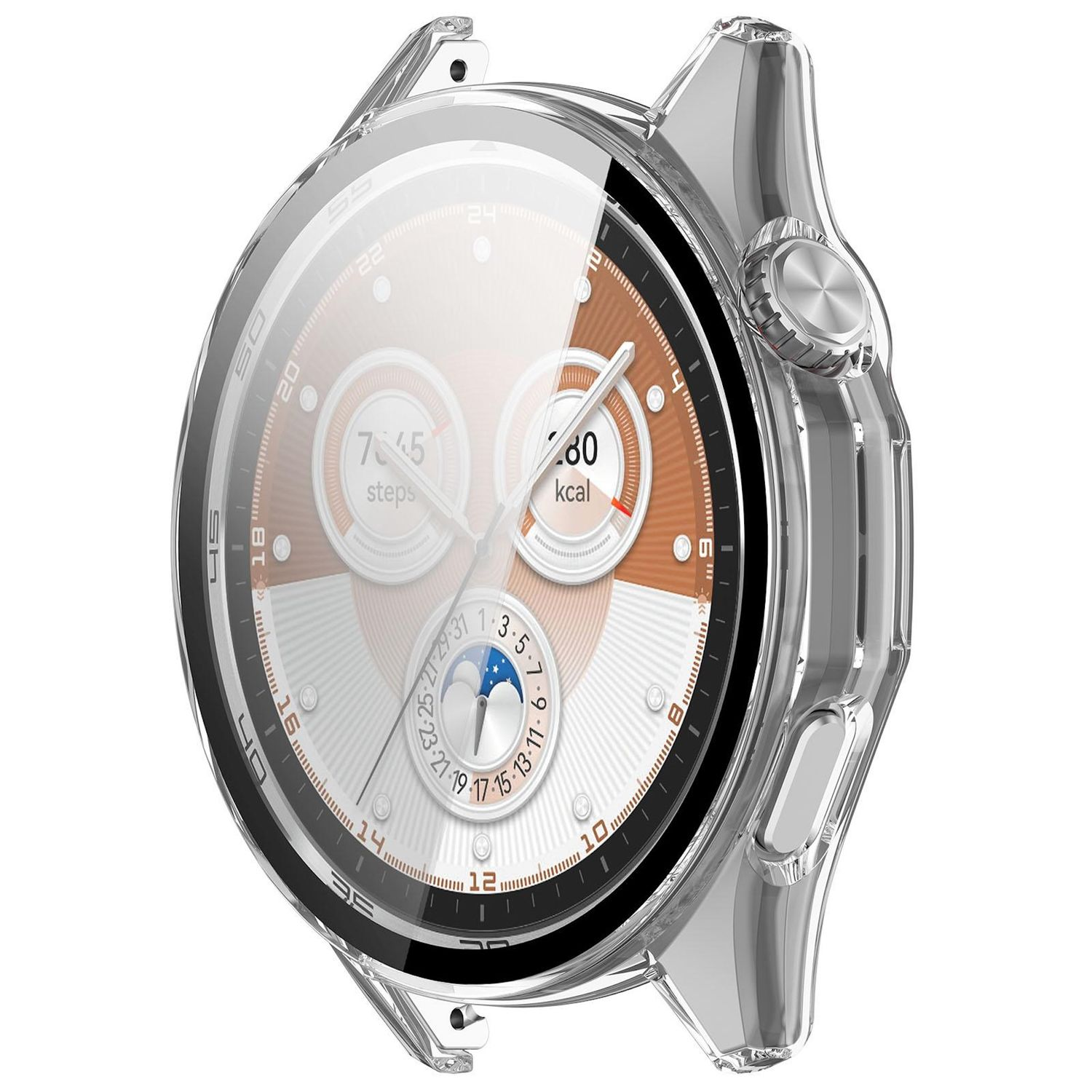 Eine transparente Smartwatch mit weißem und braunem Zifferblatt. Zeigt Schritte und kcal mit einem transparenten Kunststoffgehäuse an.