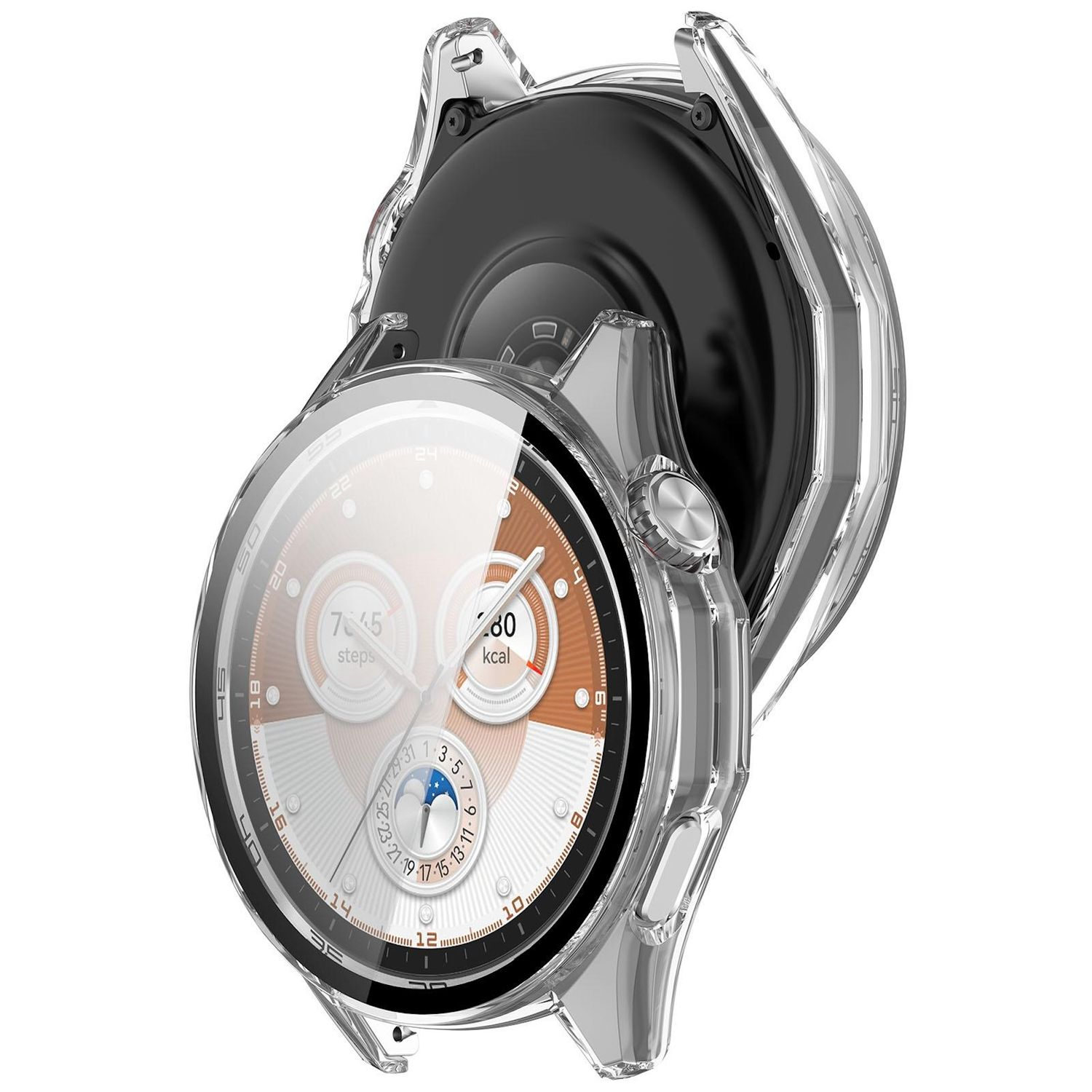 Eine Smartwatch mit klarer Schutzhülle. Das Zifferblatt zeigt Zeit und Aktivitätsmetriken. Die Hülle ist transparent und glänzend.