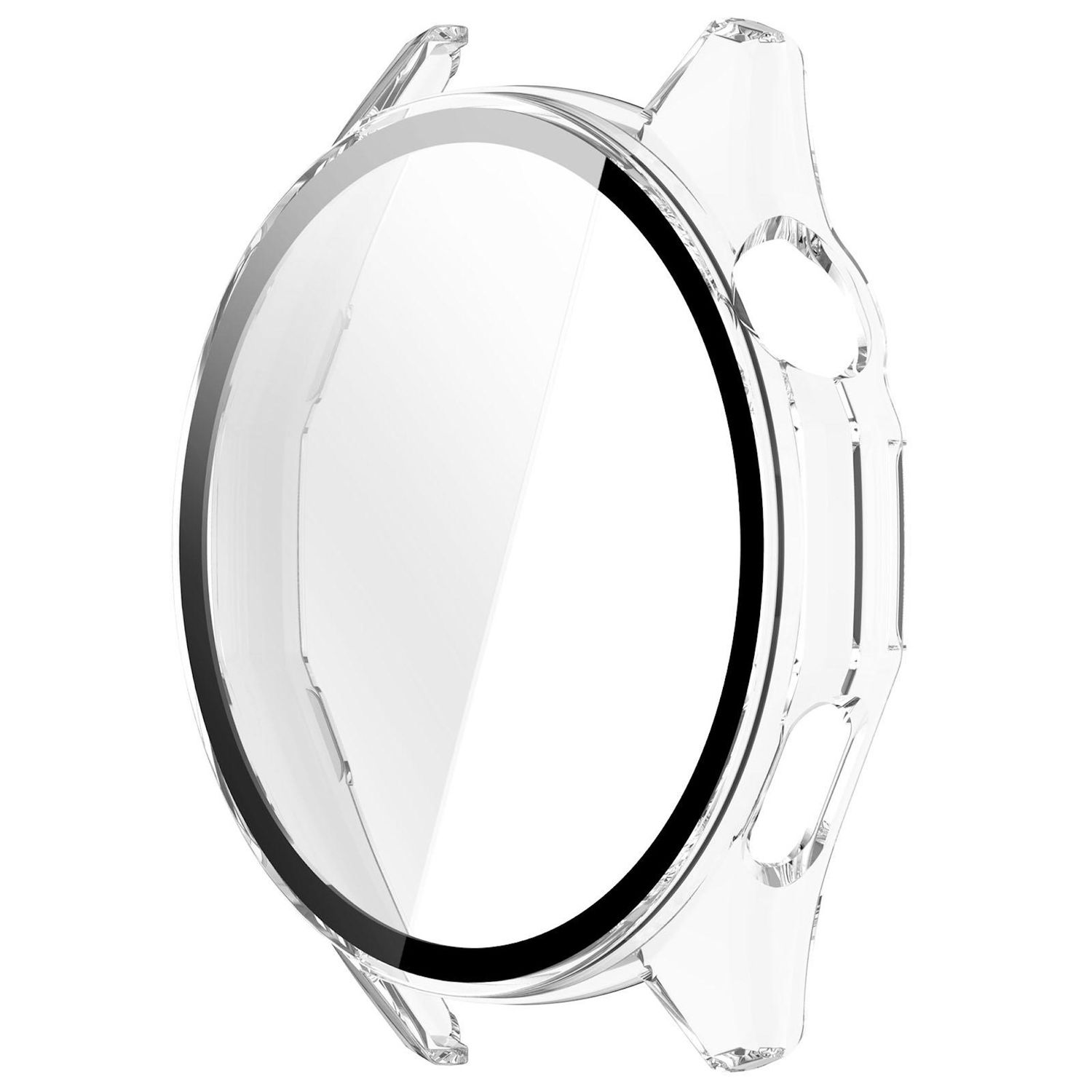 Ein klarer, transparenter Uhrengehäuseschutz. Es hat ein abgerundetes Design mit einem schwarzen Rand um den Zifferblattbereich und befindet sich auf weißem Hintergrund.