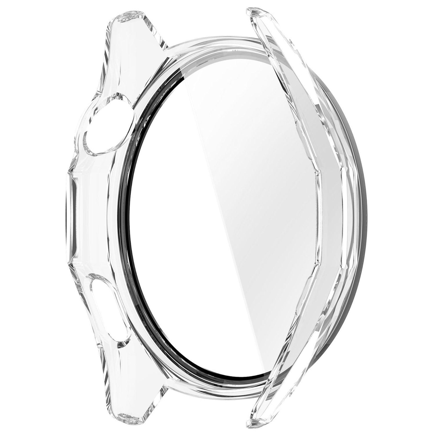 Eine transparente Schutzhülle für die Uhr, rechts geöffnet. Die Hülle ist transparent, hat einen schwarzen Umriss und liegt vor weißem Hintergrund.
