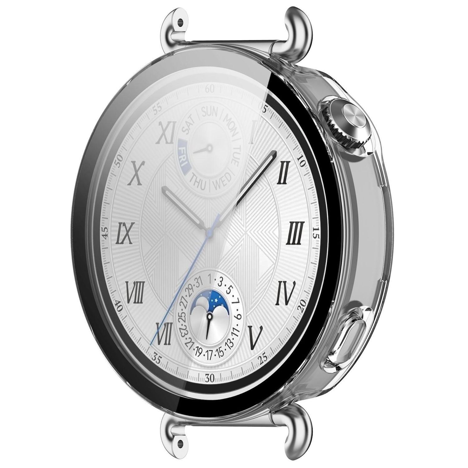 Nahaufnahme einer silbernen Smartwatch mit einer durchsichtigen Schutzhülle. Das Zifferblatt zeigt Zahlen und die Wochentage.