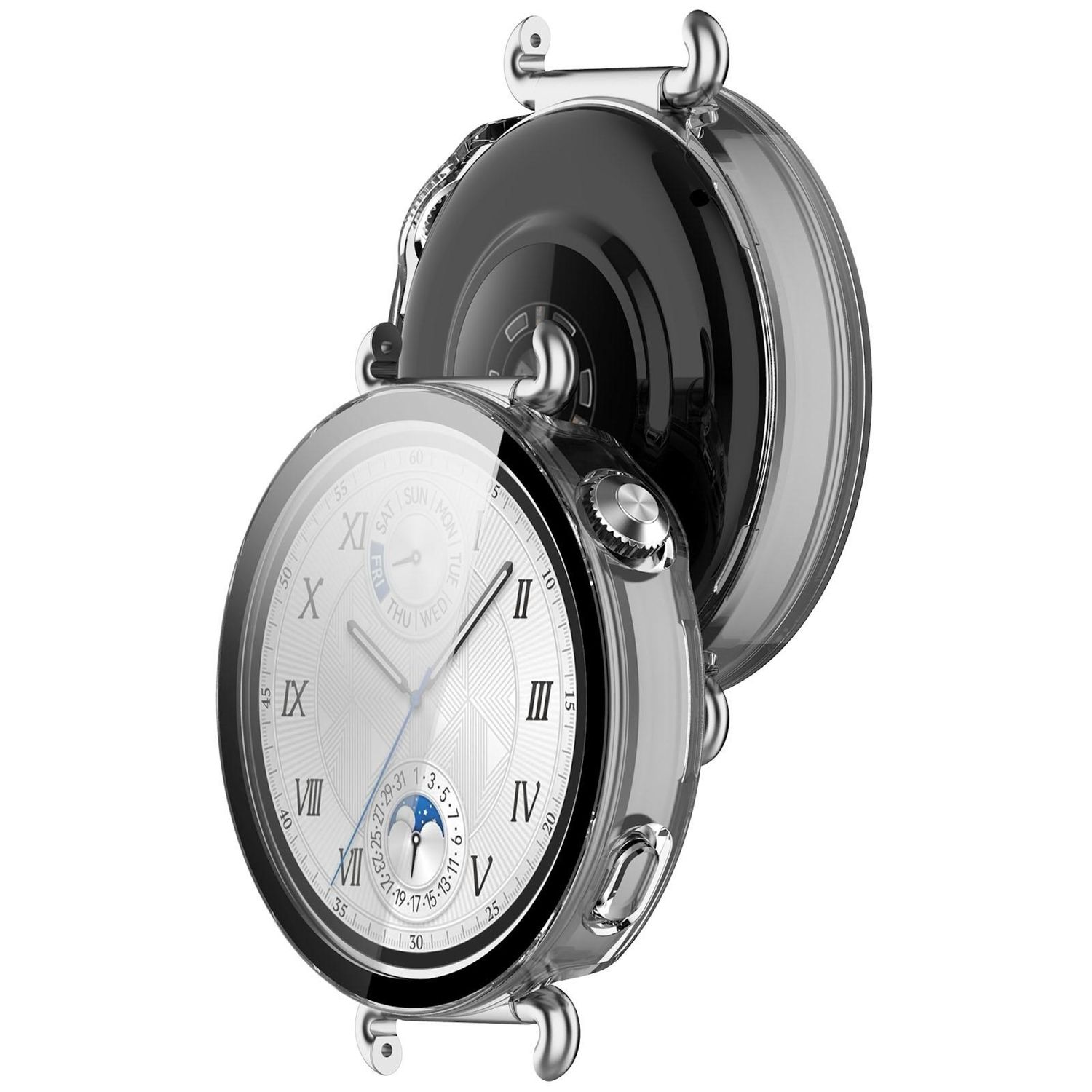 Eine runde Smartwatch mit klarer Schutzhülle. Silberne Lünette, weißes Zifferblatt mit römischen Ziffern und Datums-/Mondphasenanzeige.