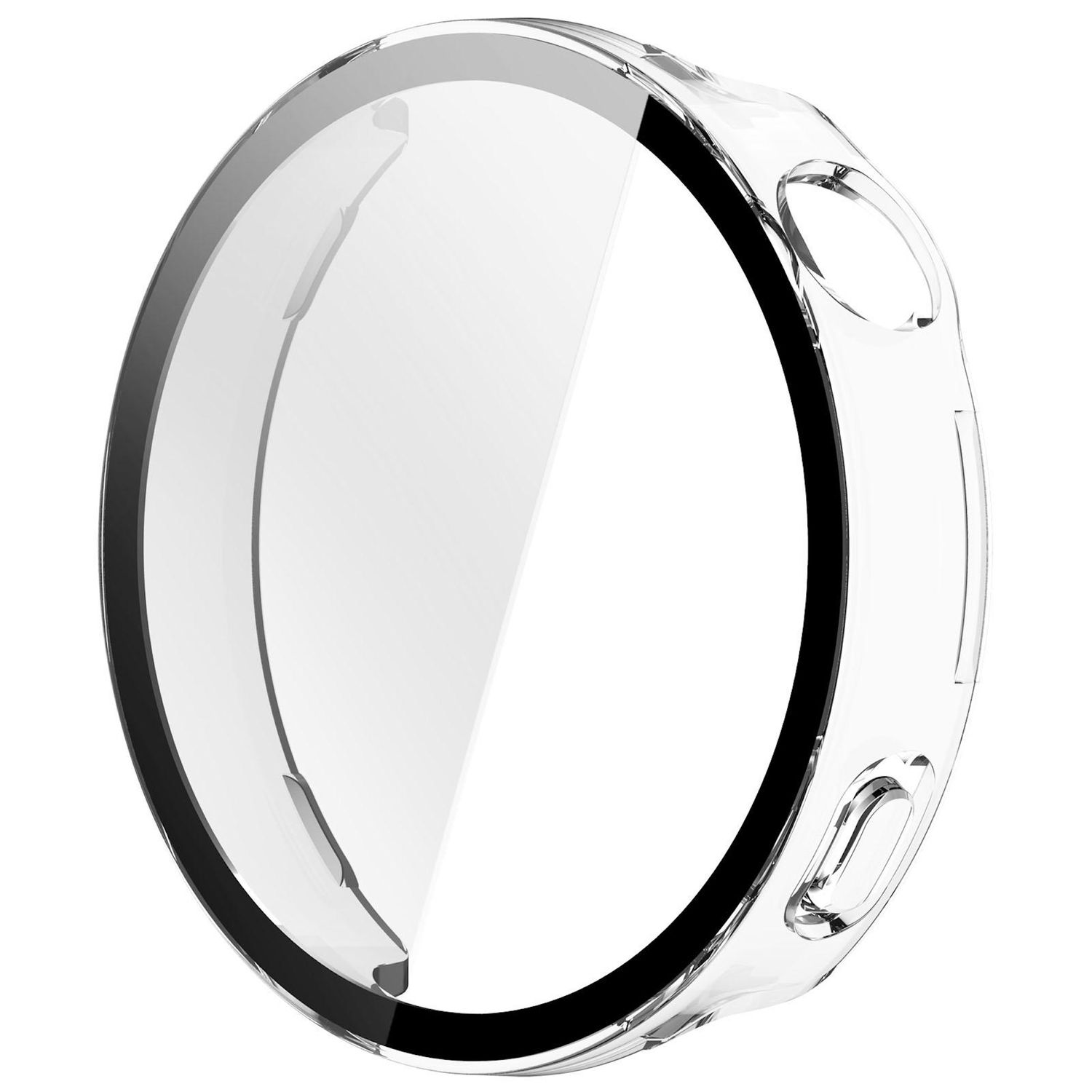 Eine transparente, kreisförmige Uhrenhülle mit schwarzem Rand. Sie hat Öffnungen für Knöpfe und schützt eine Uhr.