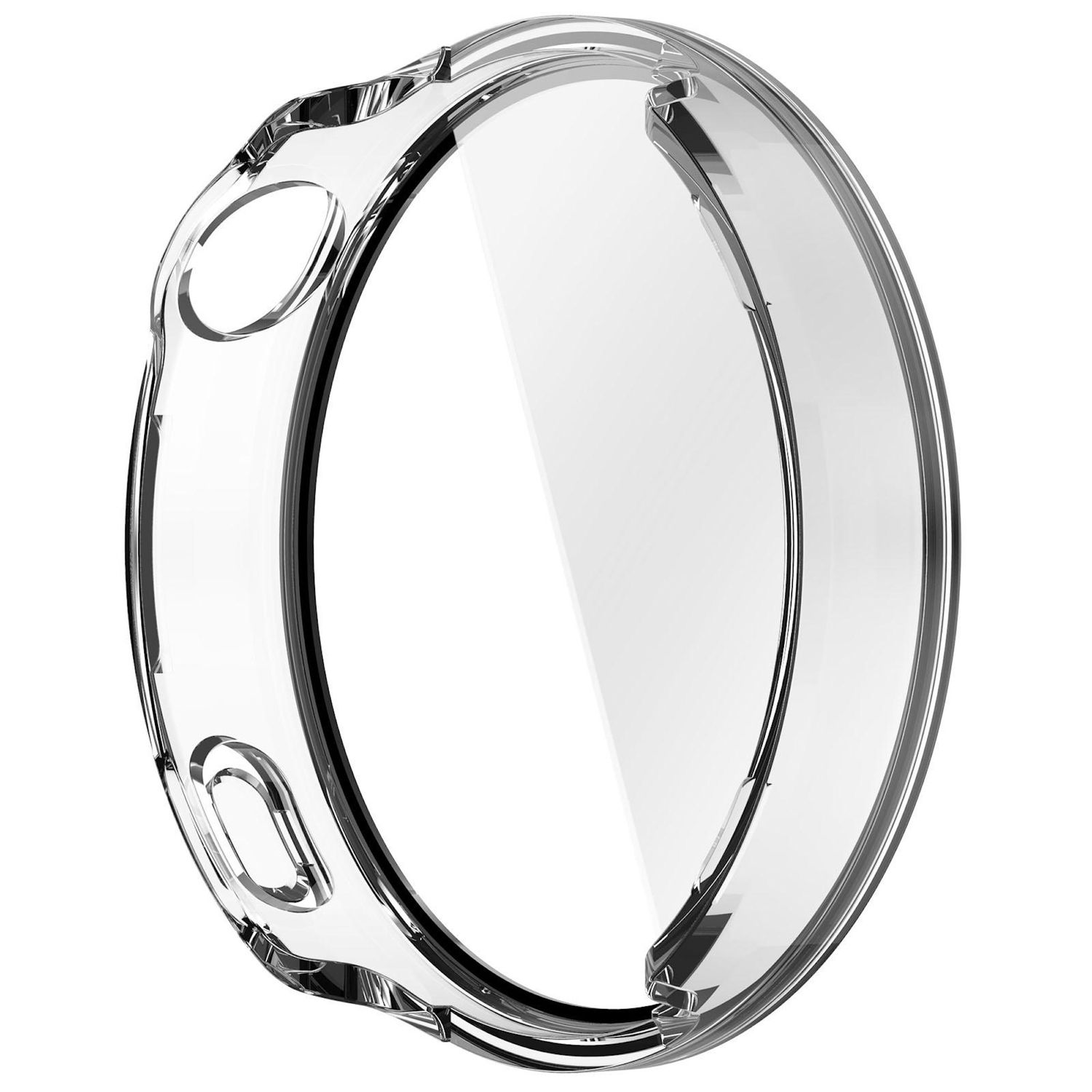 Eine transparente Schutzhülle für eine Uhr. Sie ist kreisförmig mit Aussparungen für Knöpfe und Sensoren. Die Hülle scheint aus Kunststoff zu sein.
