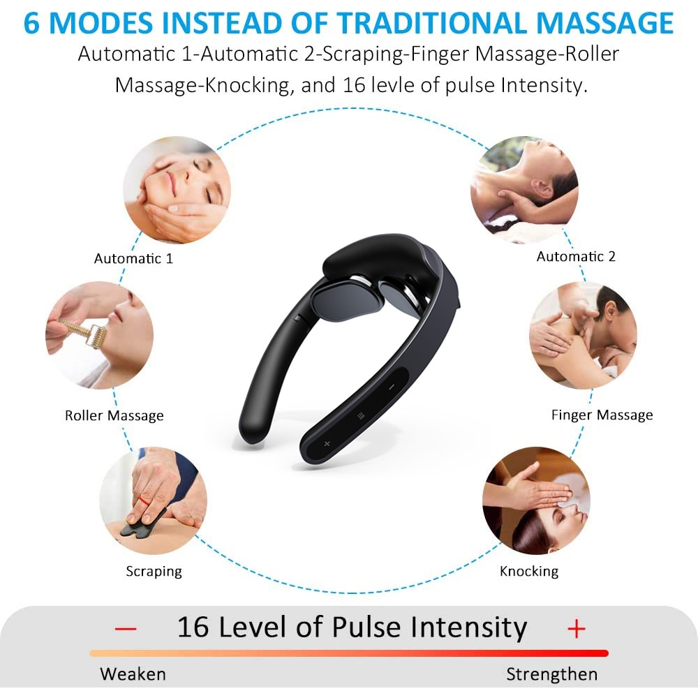 Eine Illustration, die ein schwarzes Nackenmassagegerät und sechs Massagetechniken zeigt: Automatisch 1 & 2, Rolle, Schaben, Finger & Klopfen.