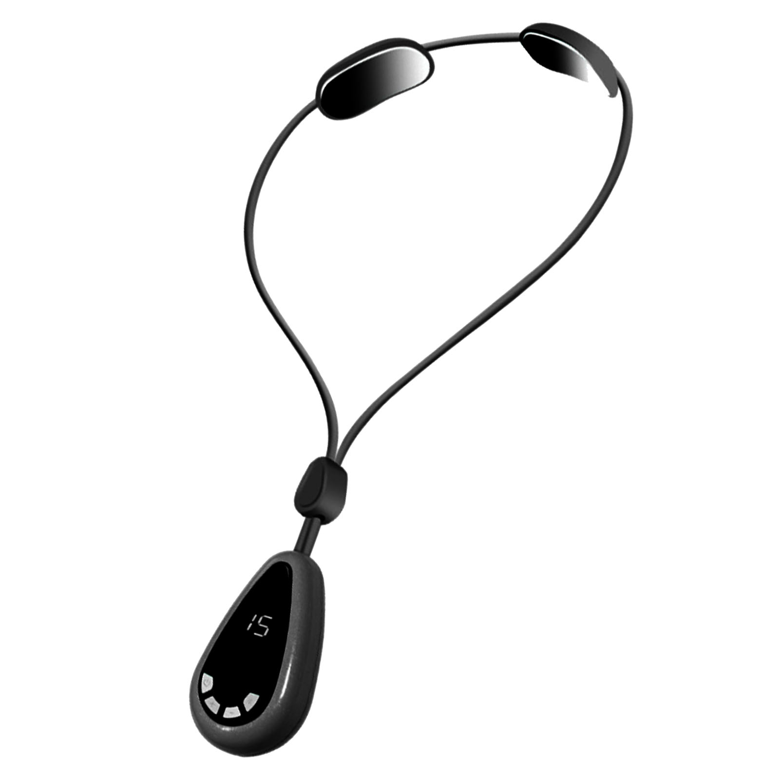 Schwarzes Gesichtsmassagegerät mit zwei Pads, verbunden durch ein schwarzes Kabel mit einem Bedienfeld. Anzeige zeigt '15'.