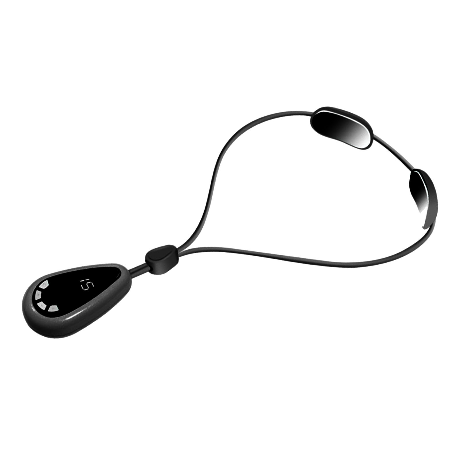 Ein schwarzes Nackenmassagegerät mit Digitalanzeige, die die Zahl '15' anzeigt, und einem gebogenen Band mit Pads.