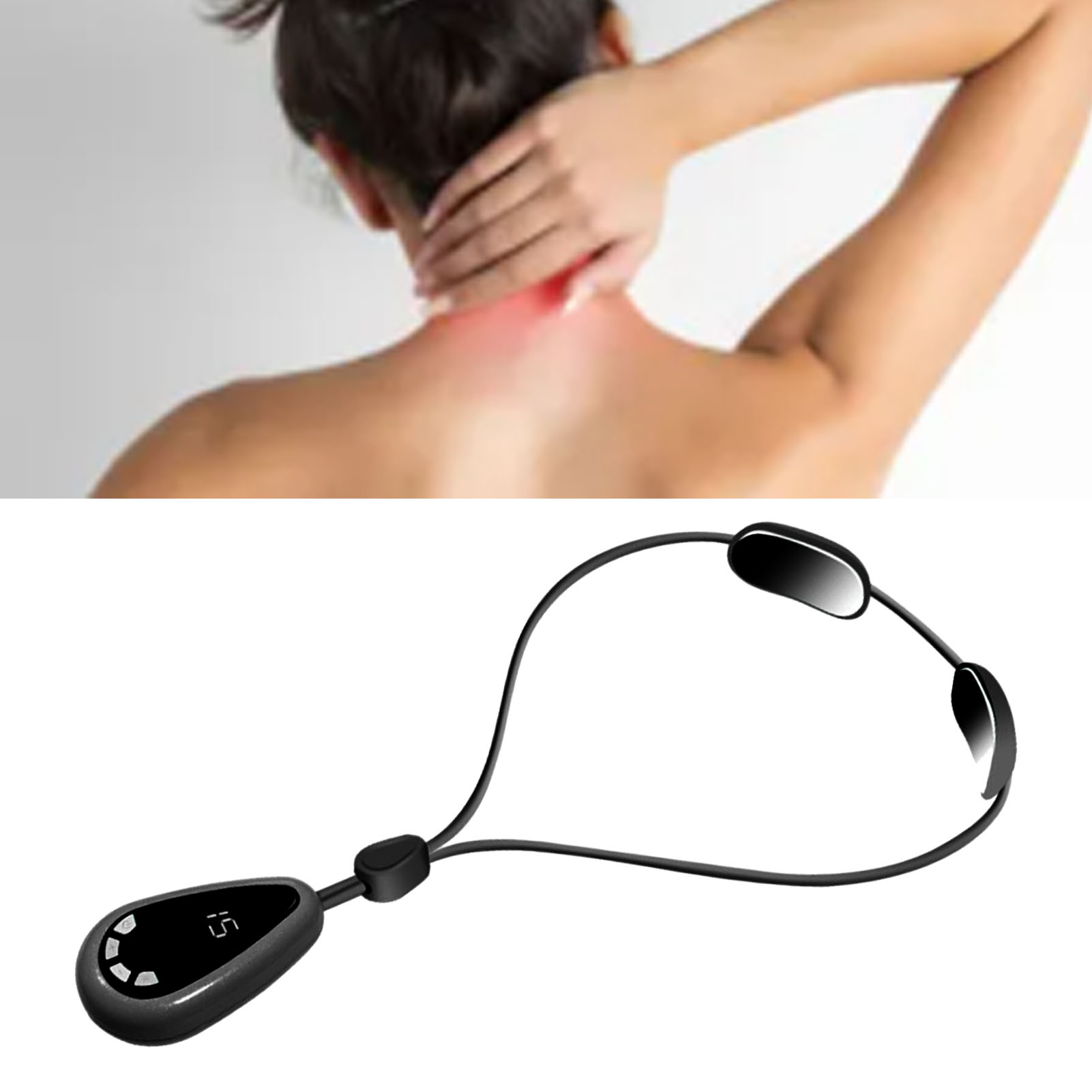 Eine Person berührt ihren Hals, der einen roten Bereich aufweist. Im Vordergrund befindet sich ein schwarzes Nackenmassagegerät mit Display.