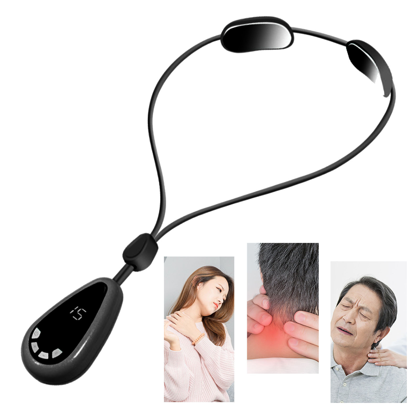 Schwarzes Nackenmassagegerät mit LCD-Bildschirm. Drei Bilder zeigen Schmerzlinderung am Hals.
