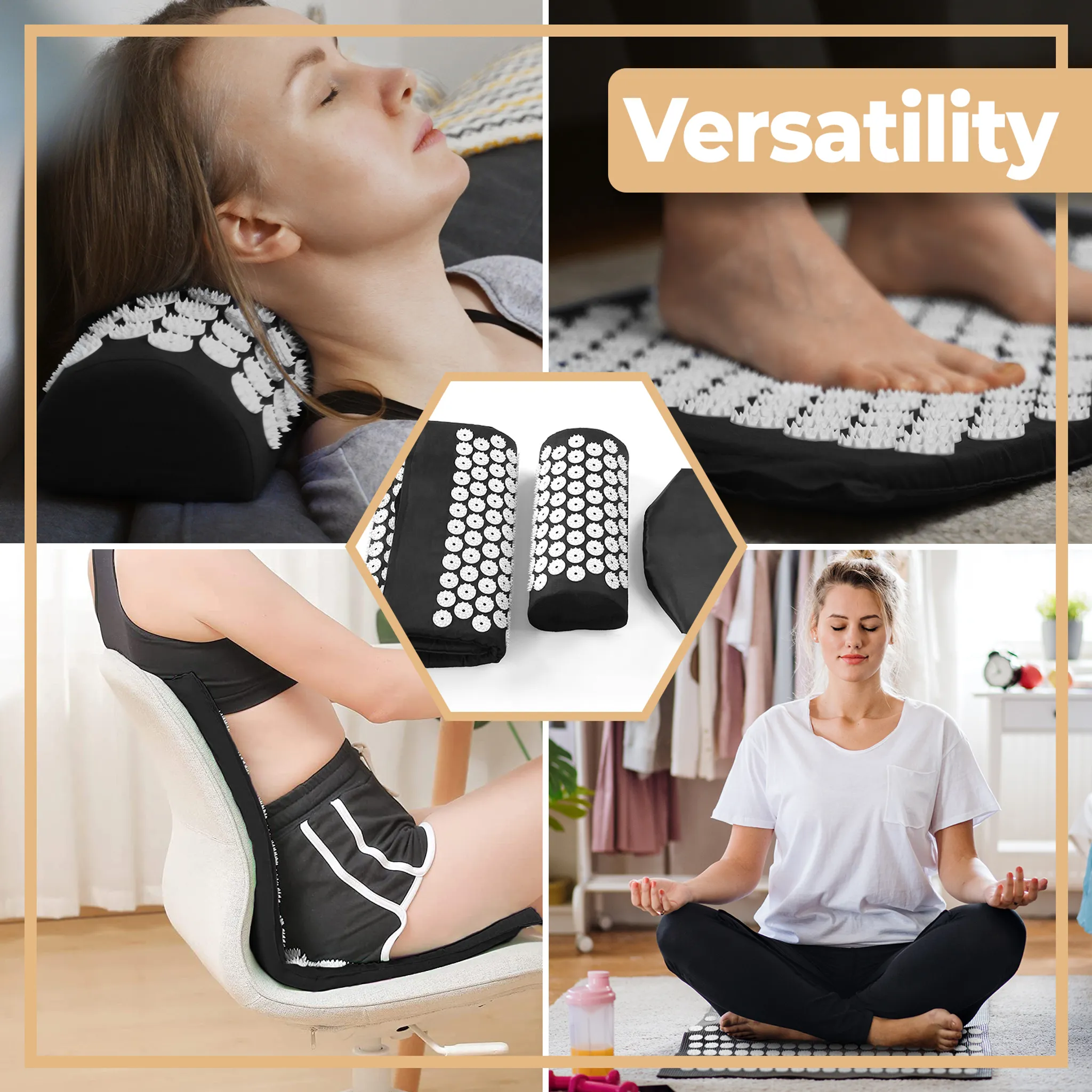 Eine Collage zeigt eine Frau, die eine Massagematte in verschiedenen Positionen benutzt. Vielseitigkeit ist das Thema.