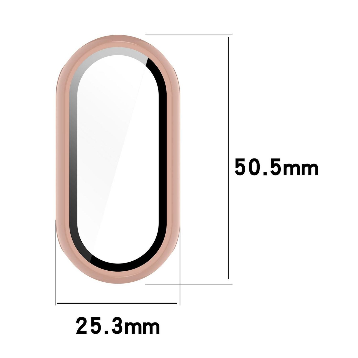 Ein ovales Objekt mit roségoldfarbenem Rahmen, schwarzem Innenrand und durchsichtigem Zentrum. Abmessungen: 50,5 mm x 25,3 mm.
