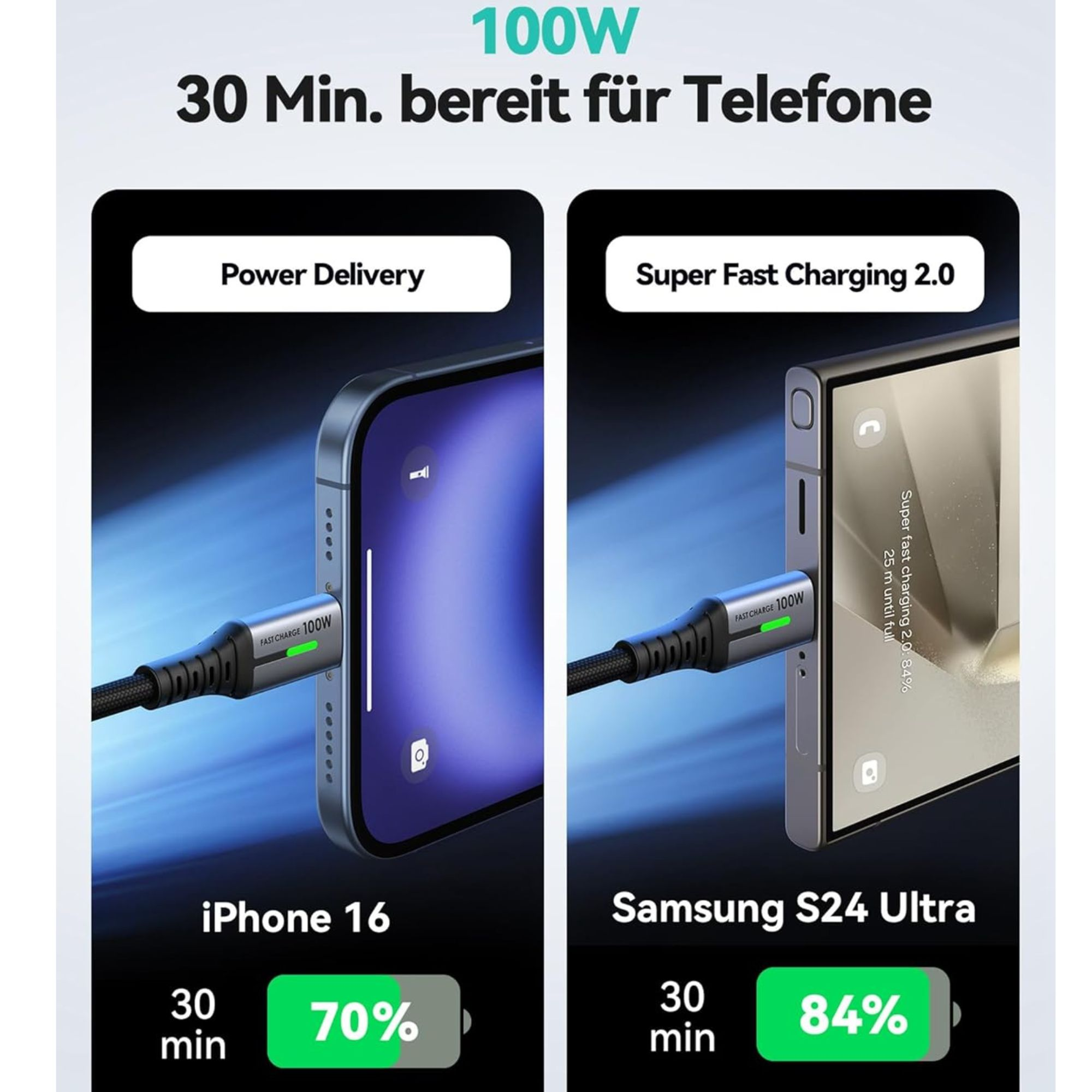 Zdjęcie przedstawia dwa telefony podczas ładowania, iPhone 16 na 70% i Samsung S24 Ultra na 84%, oba z kablem ładującym.