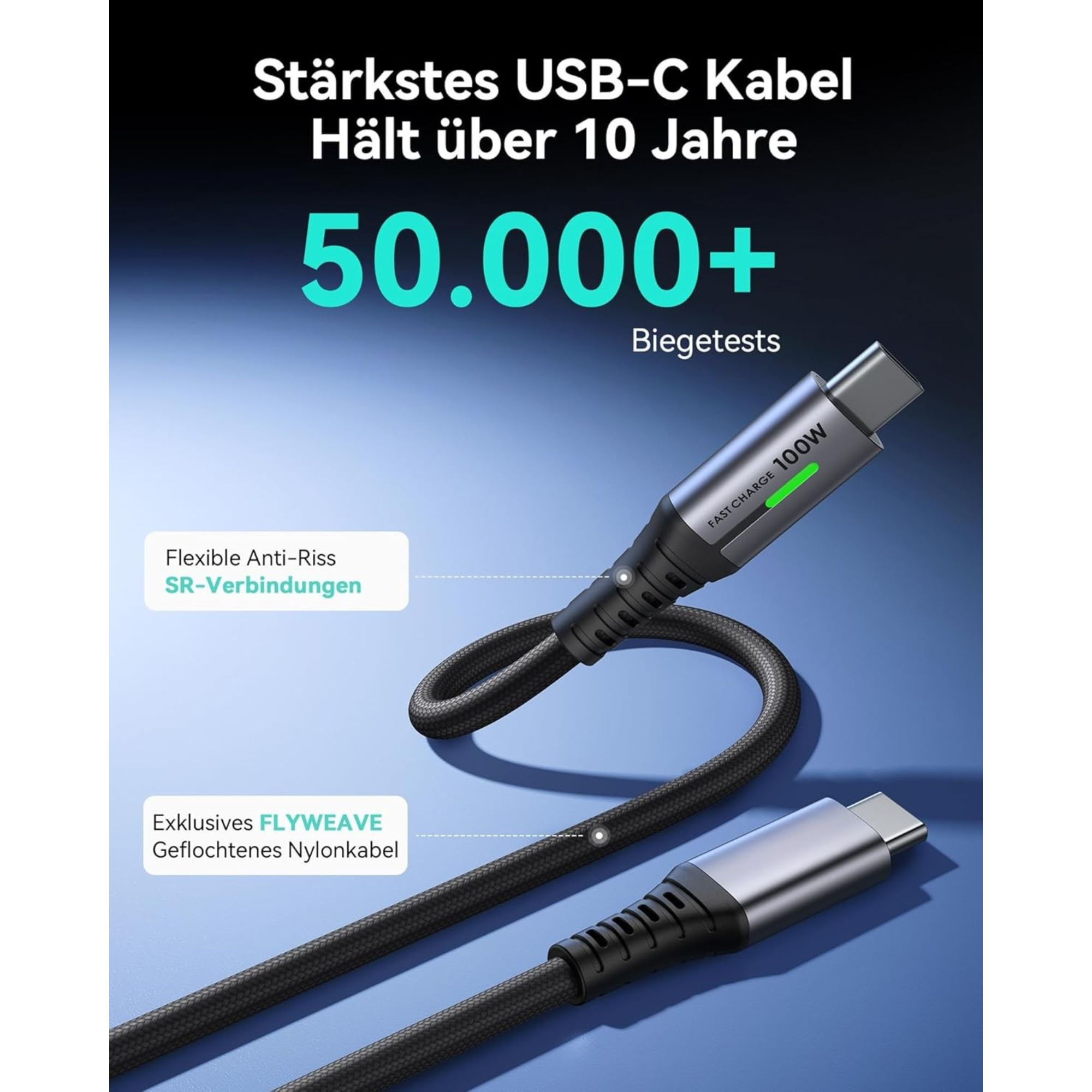 Kabel USB-C z czarnym plecionym wzorem. Tekst podkreśla jego trwałość i możliwości szybkiego ładowania.